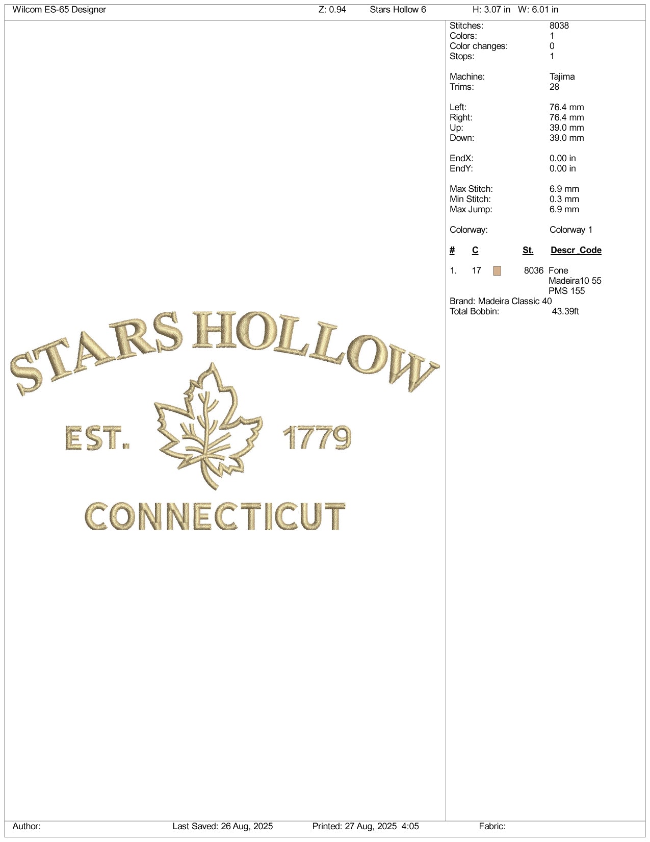 Star Hollow Est 1779 Connect Cut Embroidery Design Files - 4 Size's