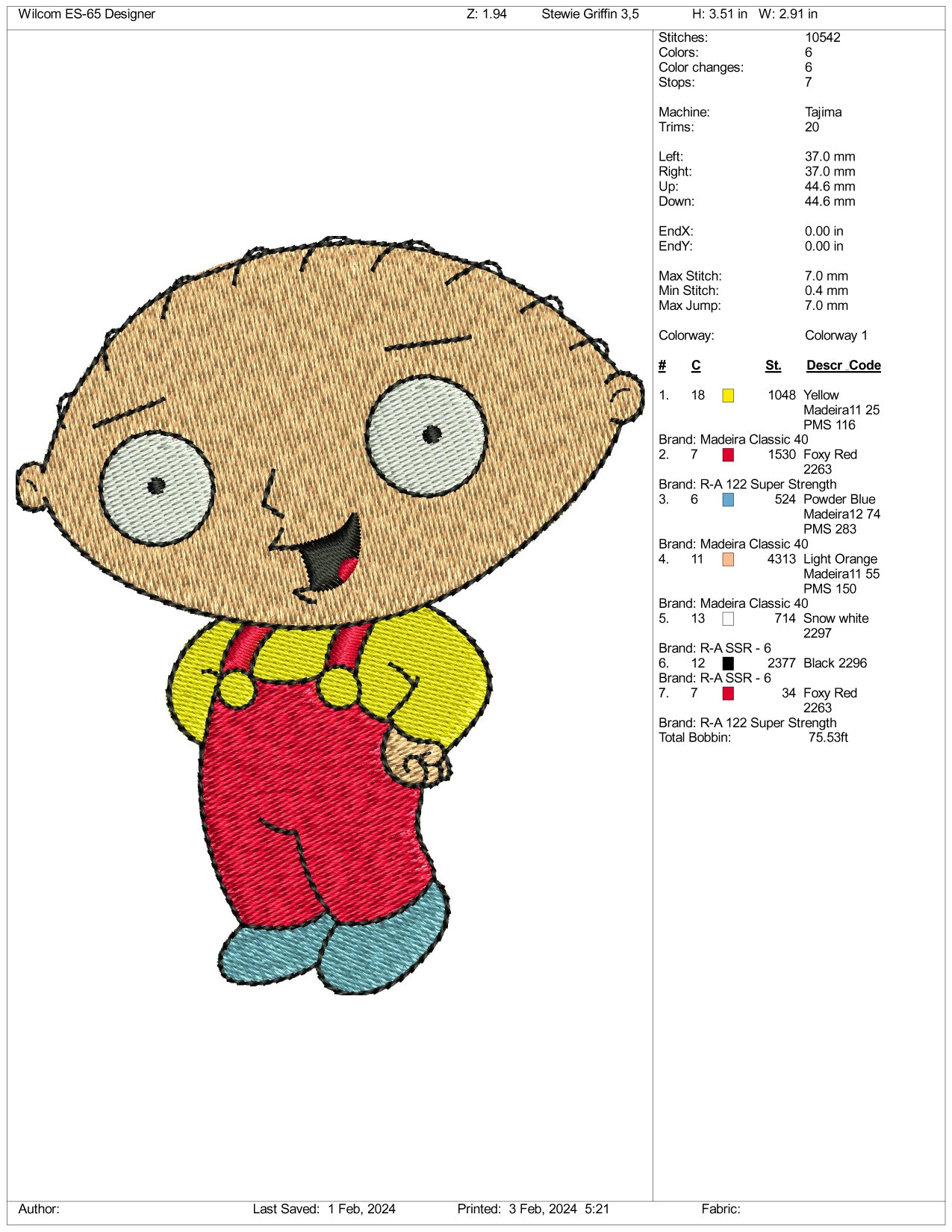 Stewie Griffin Embroidery Design Files - 3 Size's