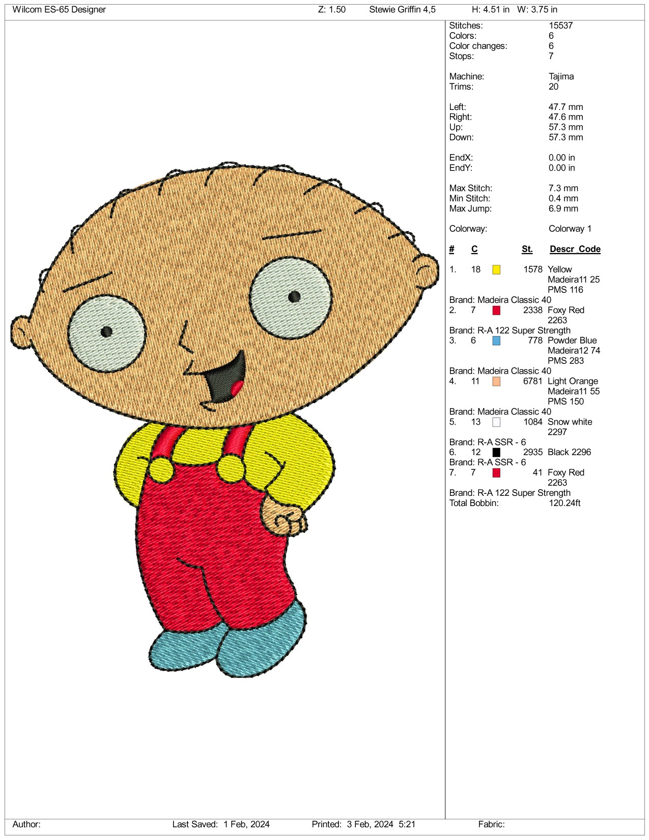 Stewie Griffin Embroidery Design Files - 3 Size's