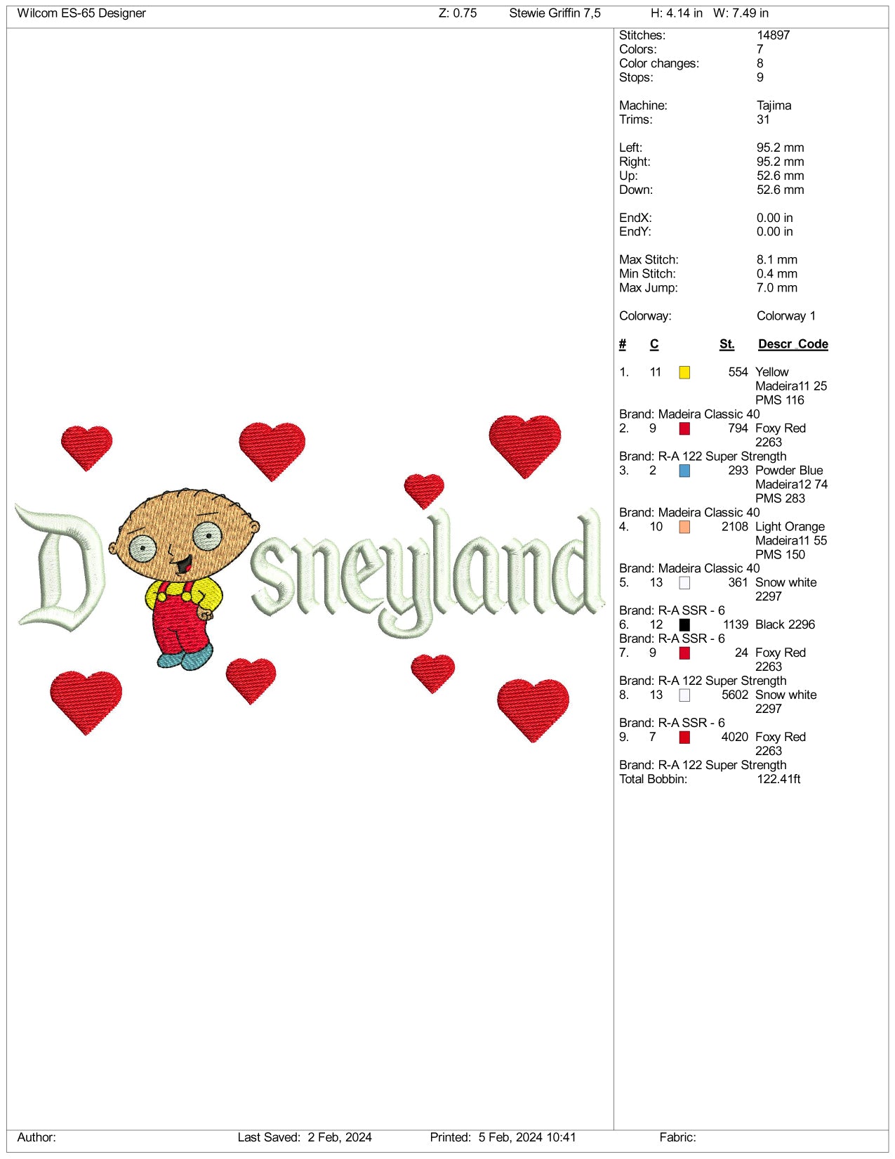 Stewie Griffin Disneyland Embroidery Design Files - 3 Size's