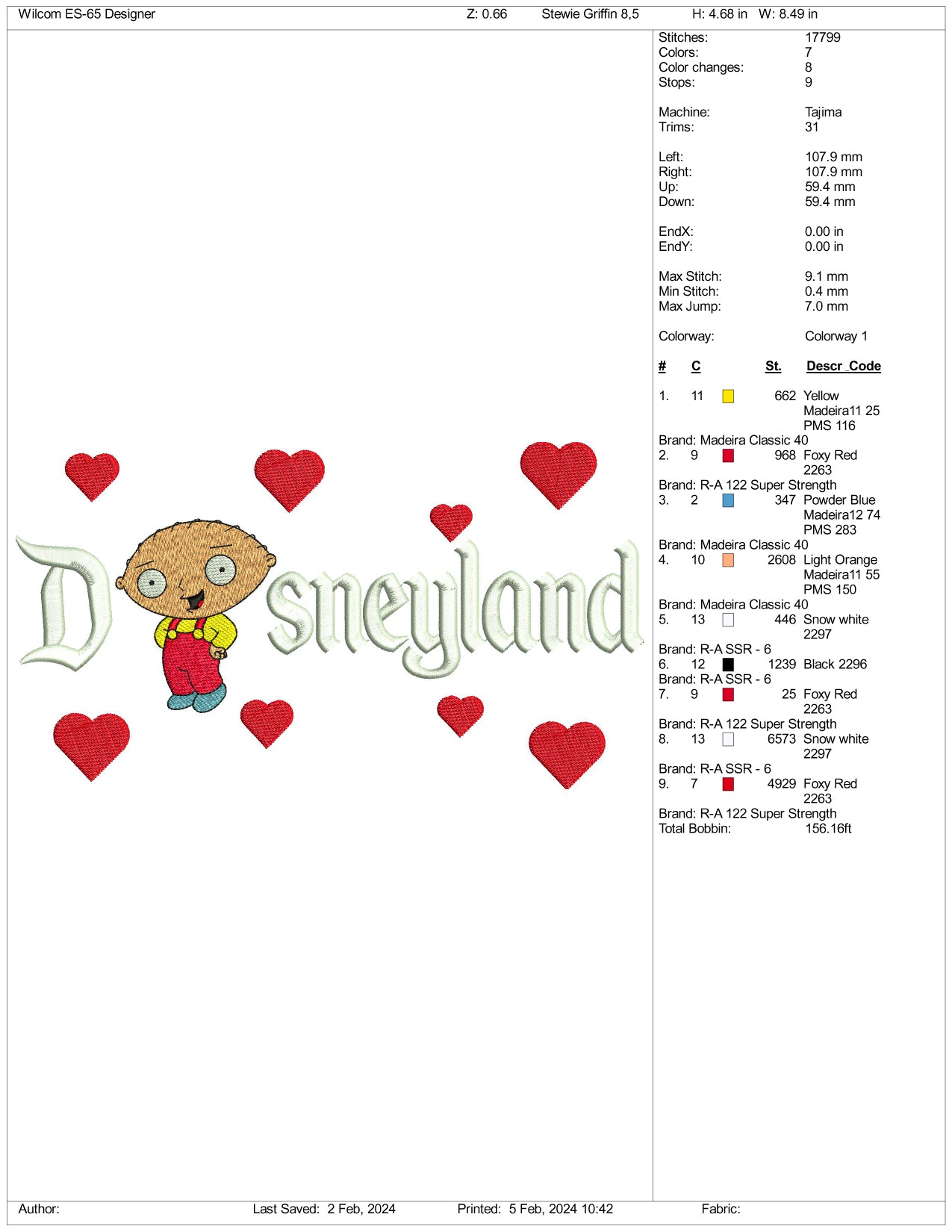 Stewie Griffin Disneyland Embroidery Design Files - 3 Size's