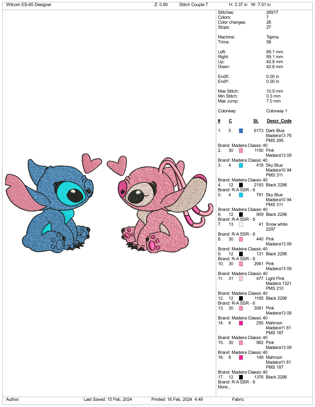 Stitch & Angel Embroidery Design Files - 3 Size's