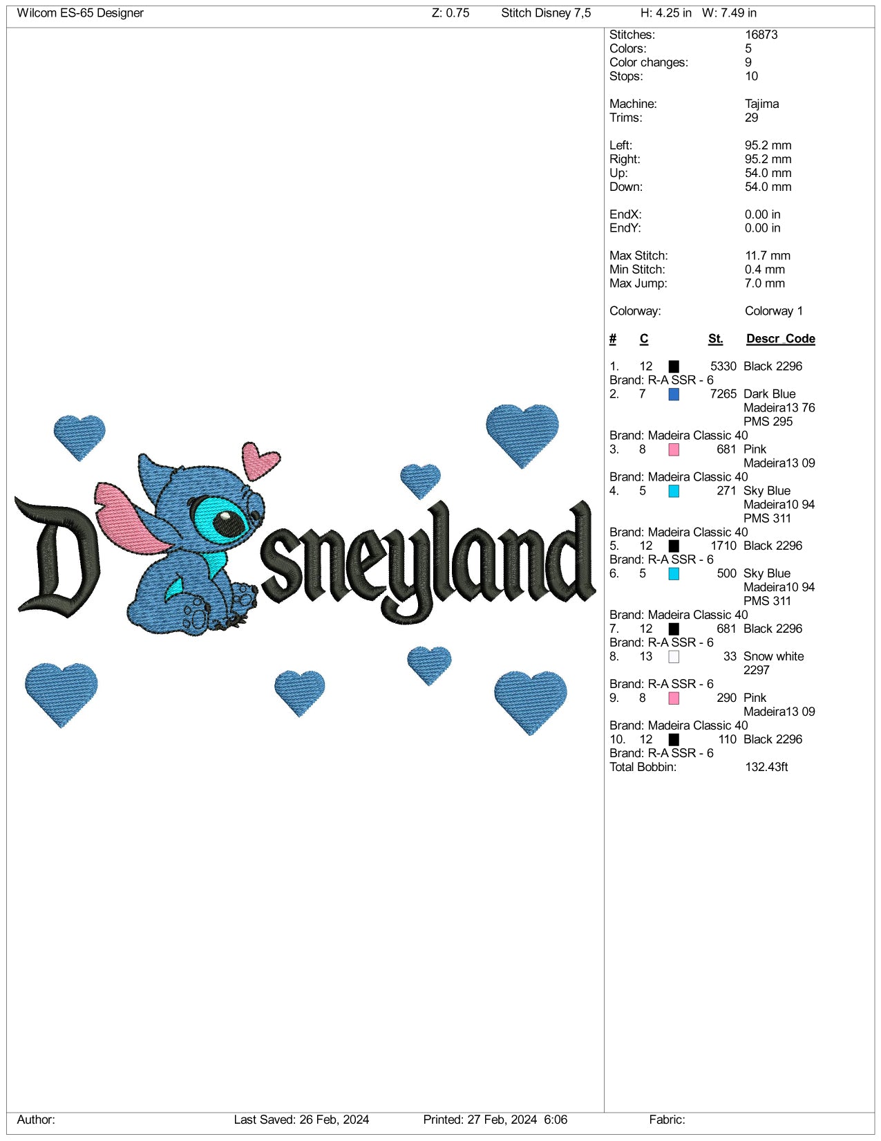 Stitch Disneyland Embroidery Design Files - 3 Size's