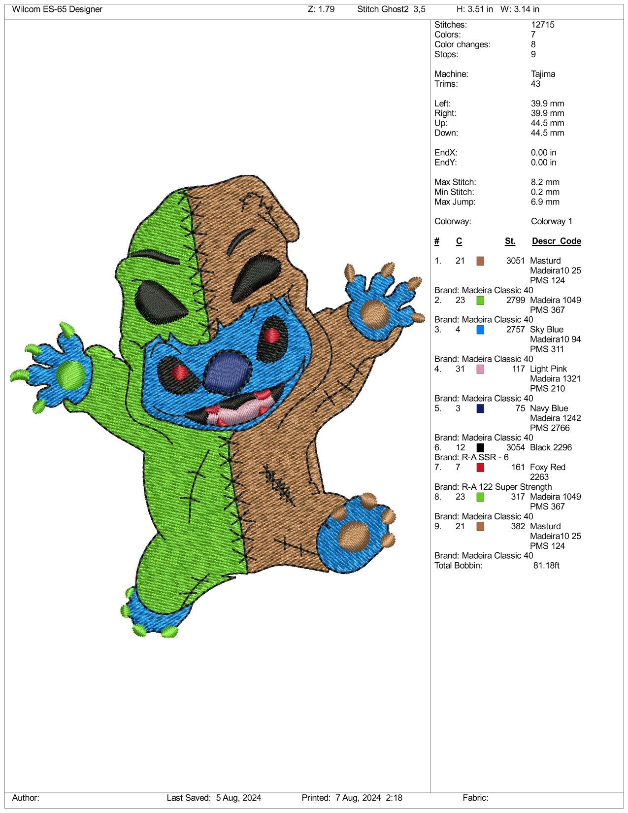 Stitch Boogeyman v2 Embroidery Design Files - 3 Size's
