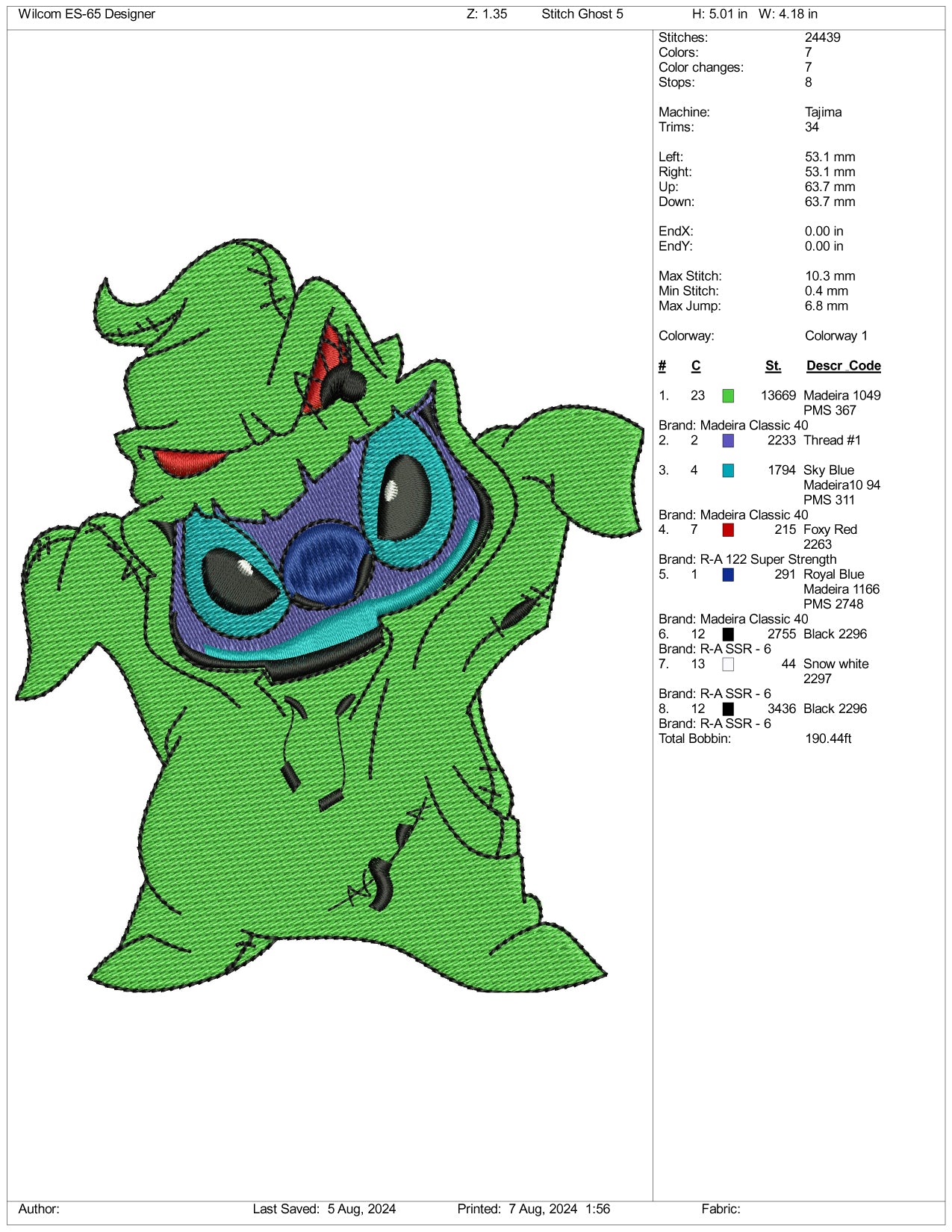 Stitch Boogeyman Embroidery Design Files - 3 Size's