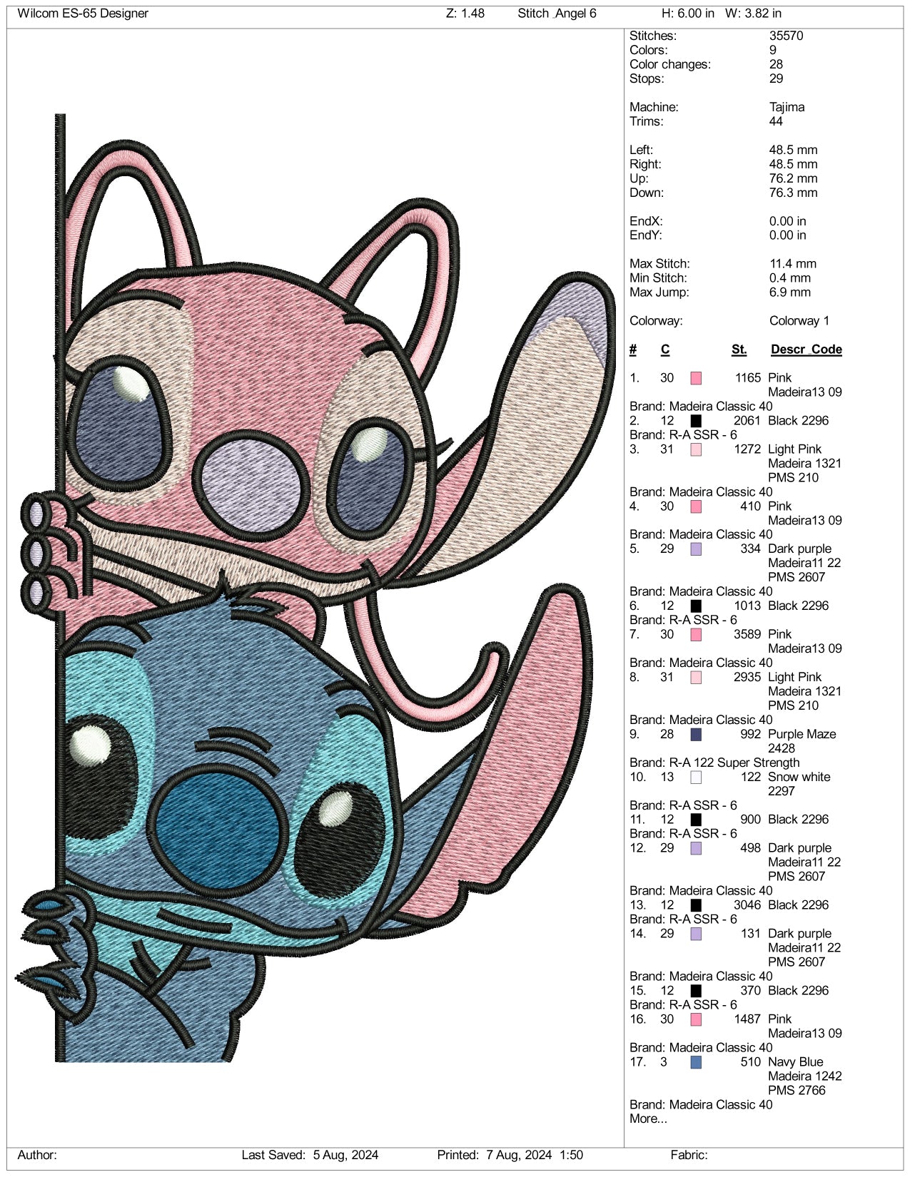 Stitch & Angel v3 Embroidery Design Files - 3 Size's