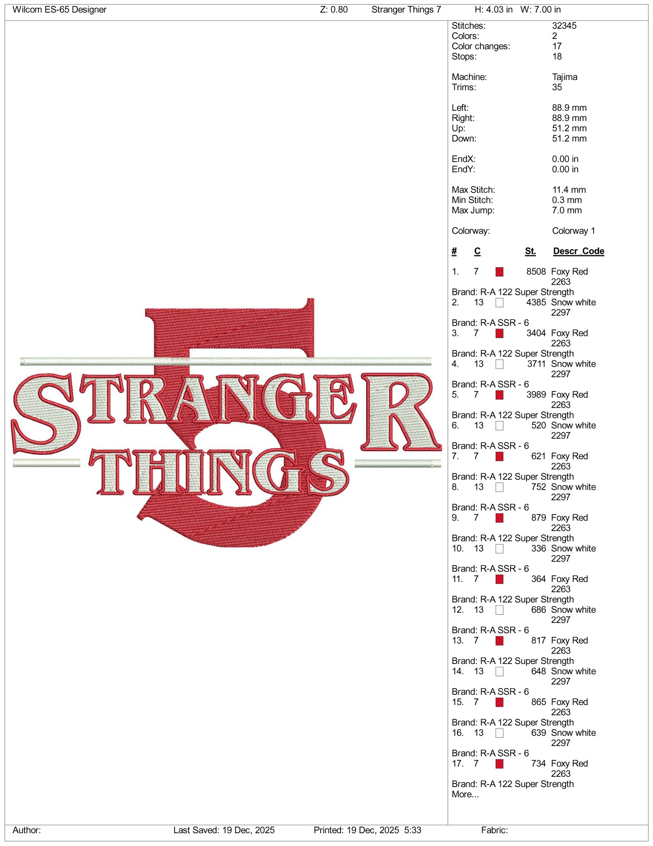 Stranger Things 5 Embroidery Design Files - 3 Size's