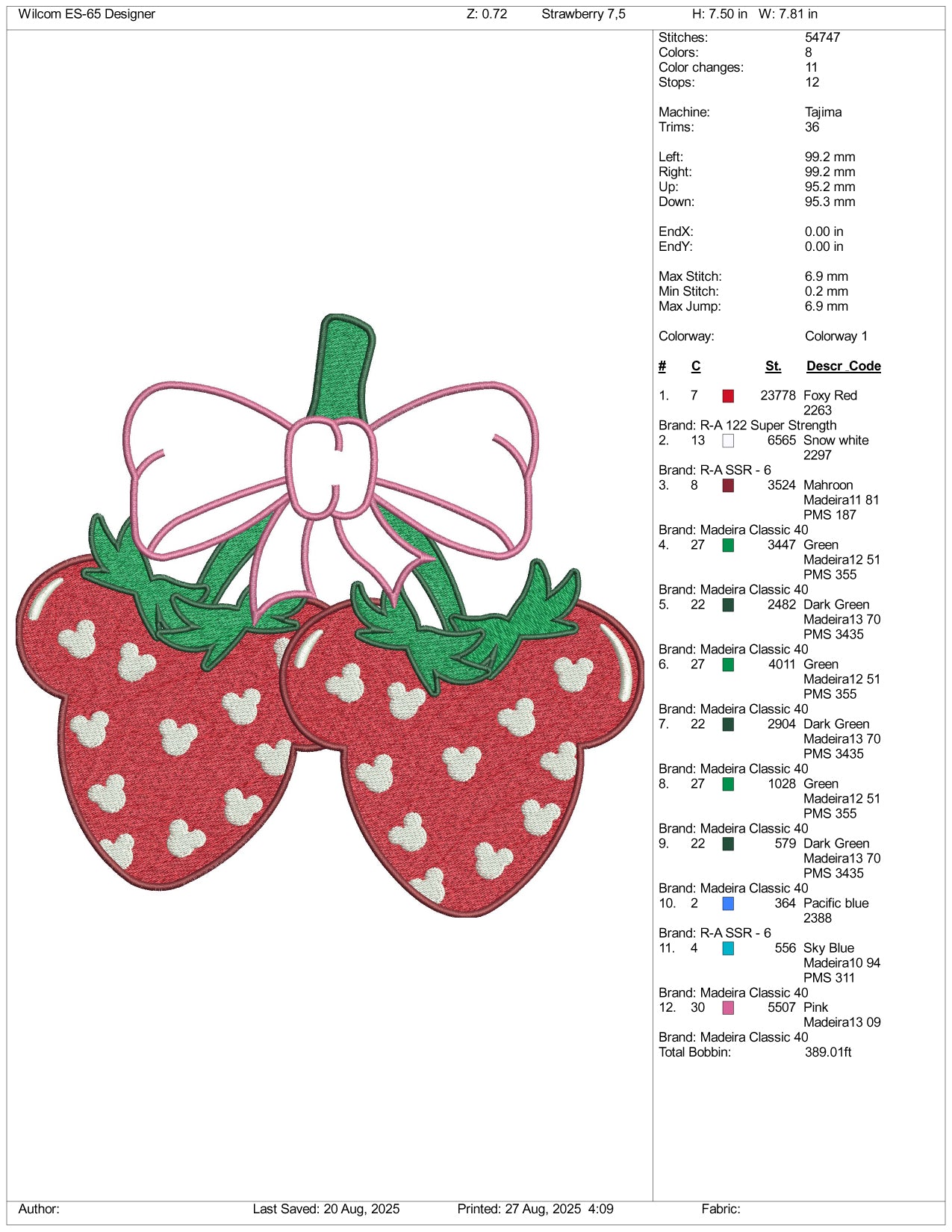 Mickey Strawberry Embroidery Design Files - 3 Size's