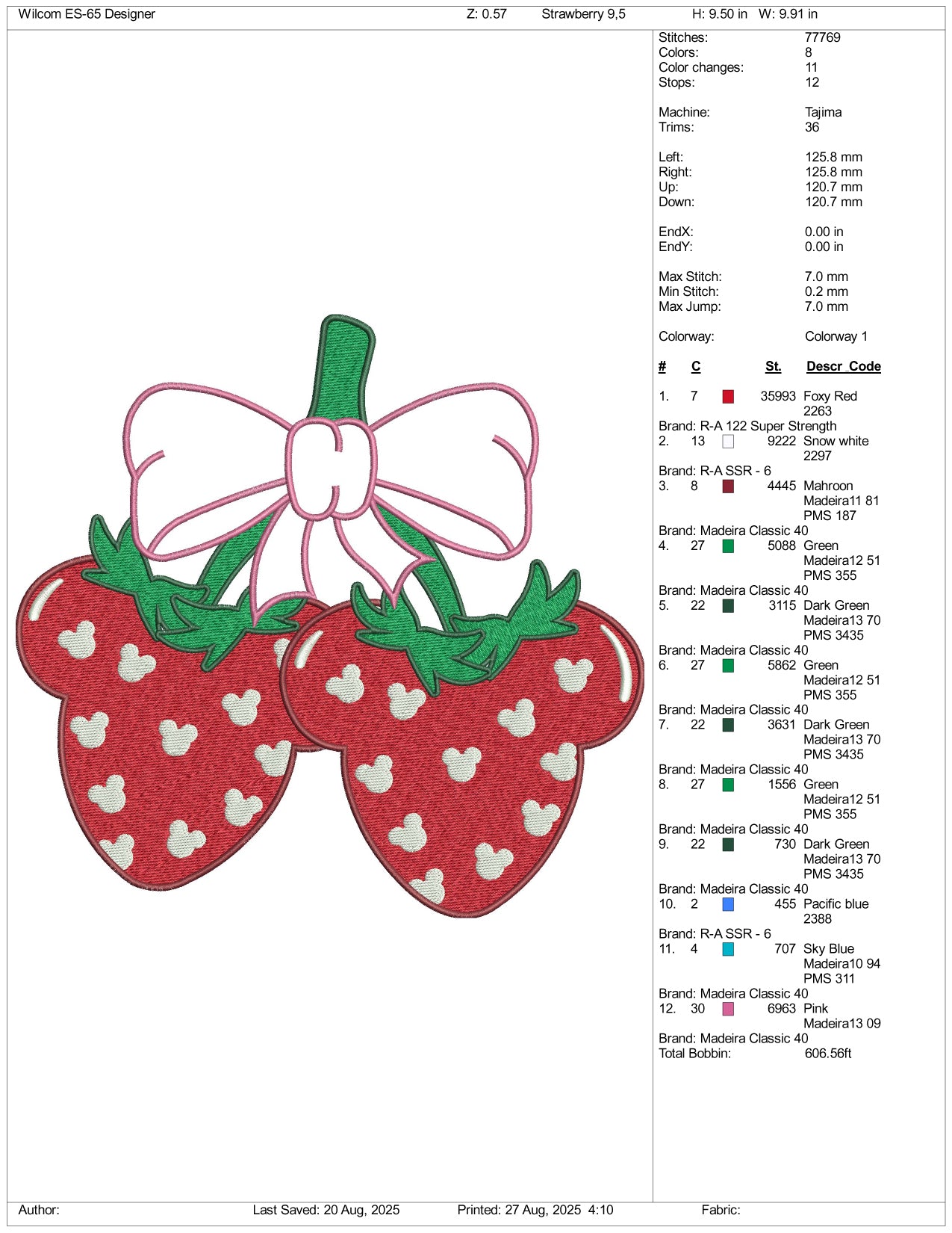 Mickey Strawberry Embroidery Design Files - 3 Size's
