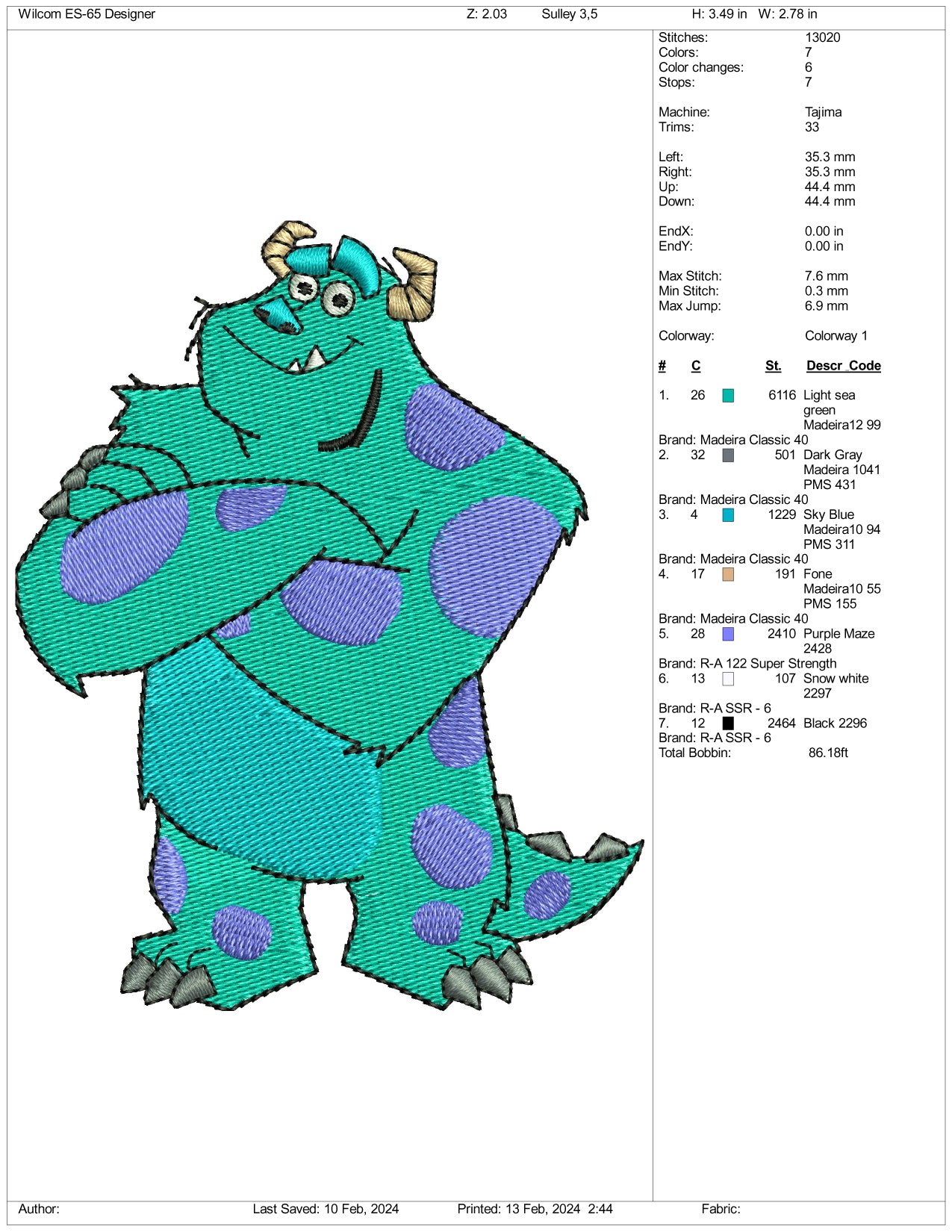 Sulley Monster Embroidery Design Files - 3 Size's