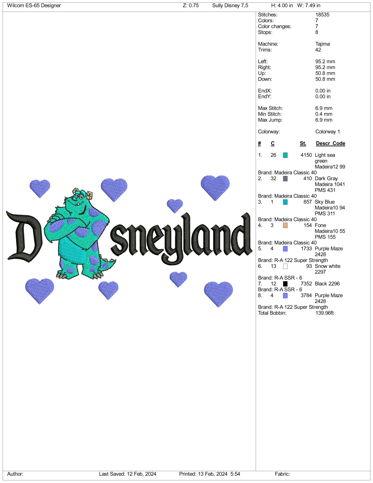 Sulley Monster Disneyland Embroidery Design Files - 3 Size's