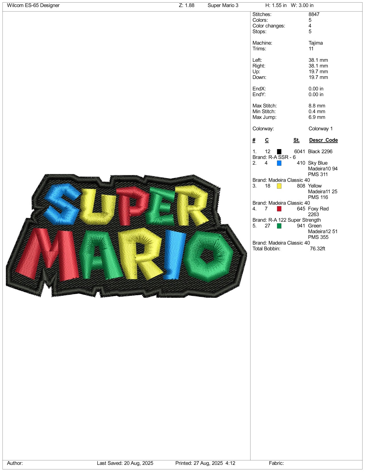 Super Mario Logo Embroidery Design Files - 3 Size's