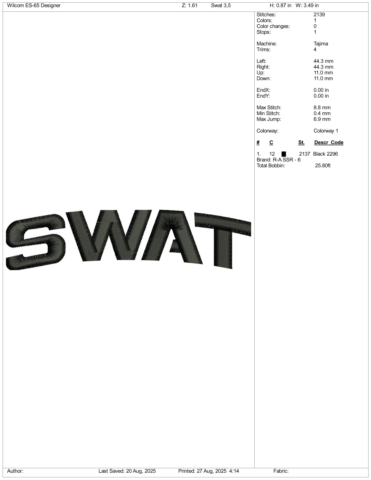Swat Embroidery Design Files - 3 Size's