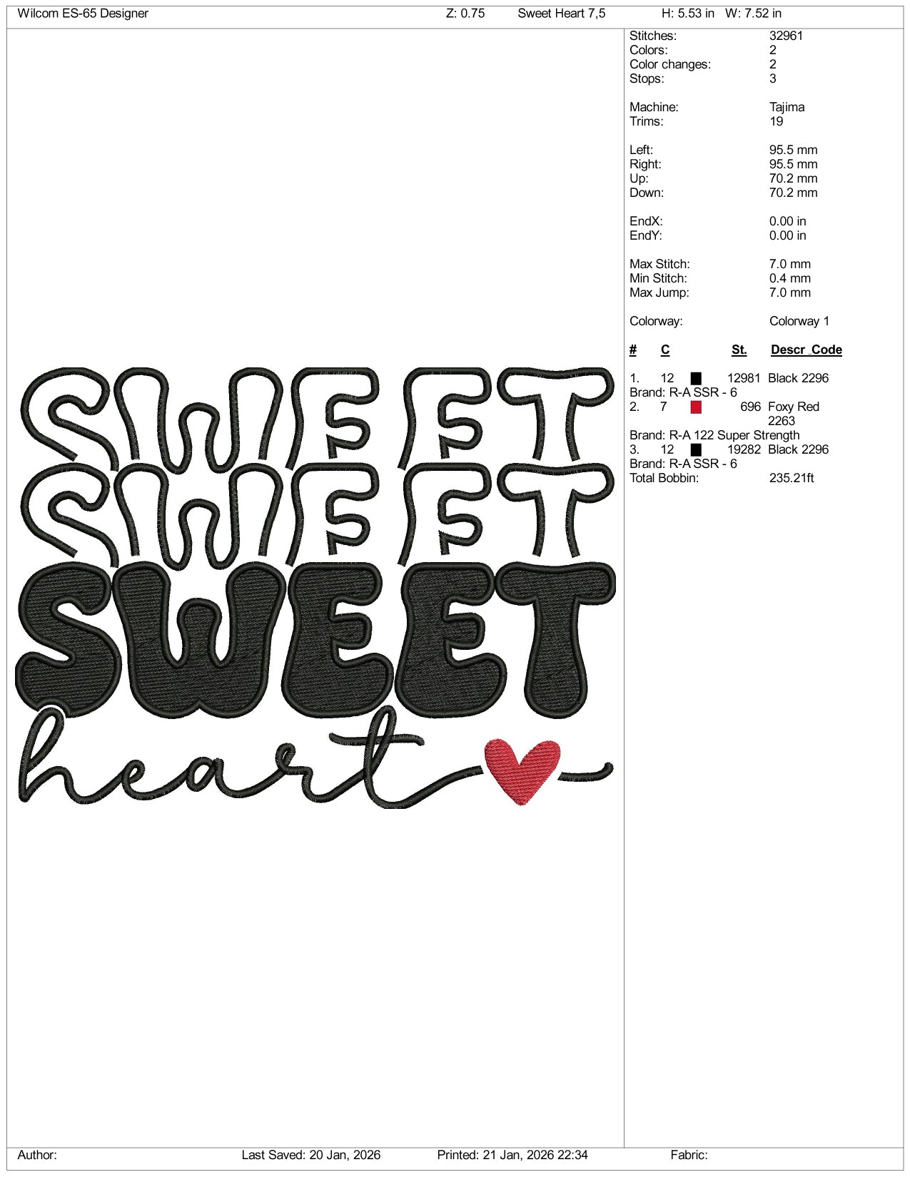 Sweet Sweet Heart Embroidery Design Files - 4 Size's