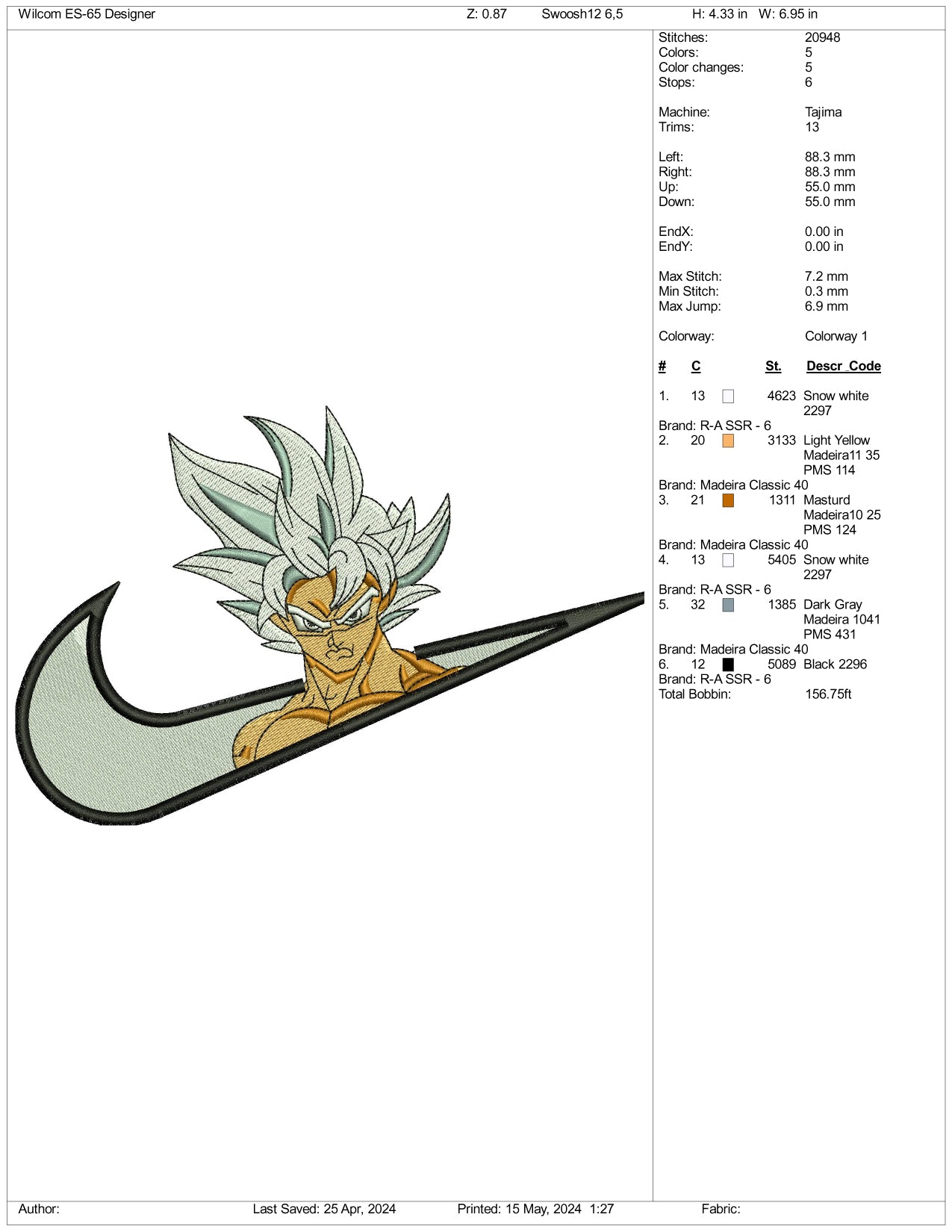 Goku Swoosh Embroidery Design Files - 3 Sizes