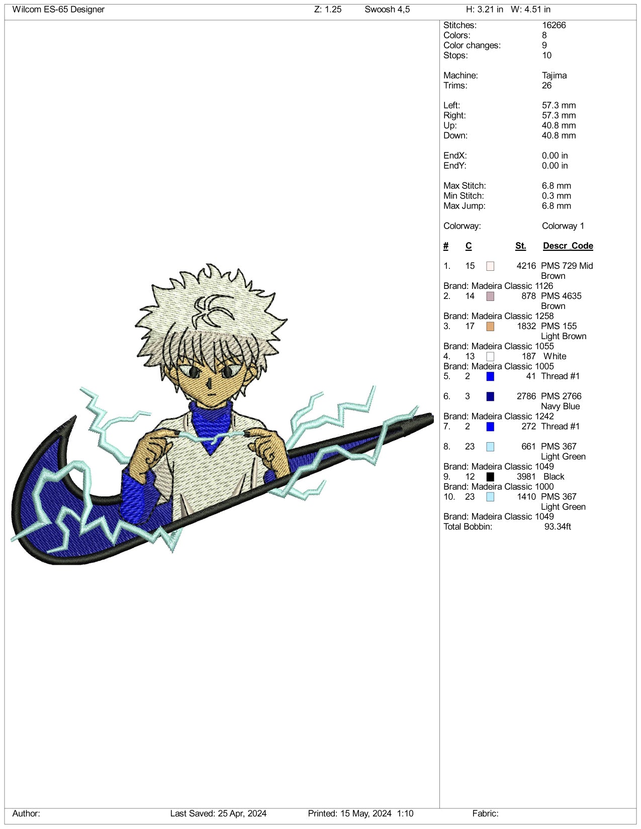 Killua Zoldyck Swoosh Embroidery Design Files - 3 Sizes