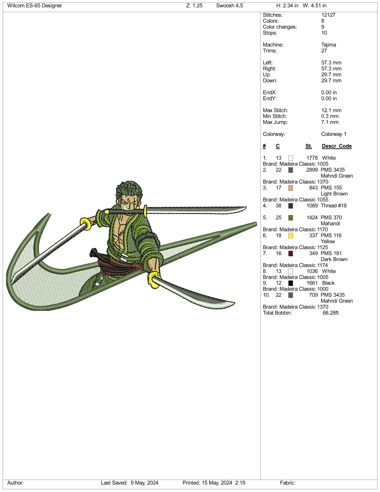 Roronoa Zoro Swoosh Embroidery Design Files - 3 Sizes