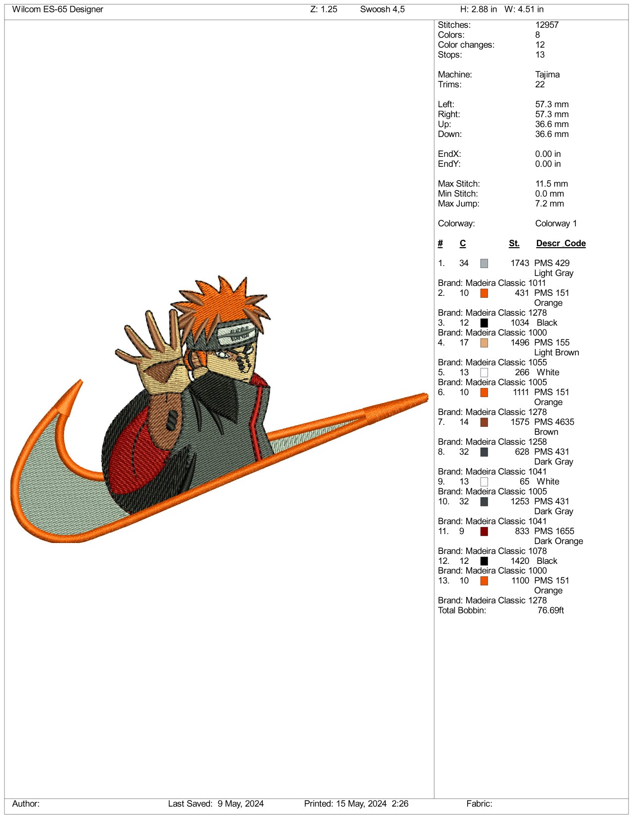 Yahiko Pain Swoosh Embroidery Design Files - 3 Sizes