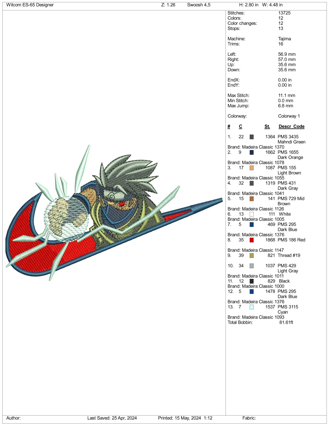 Kakashi Thunder Swoosh Embroidery Design Files - 3 Sizes