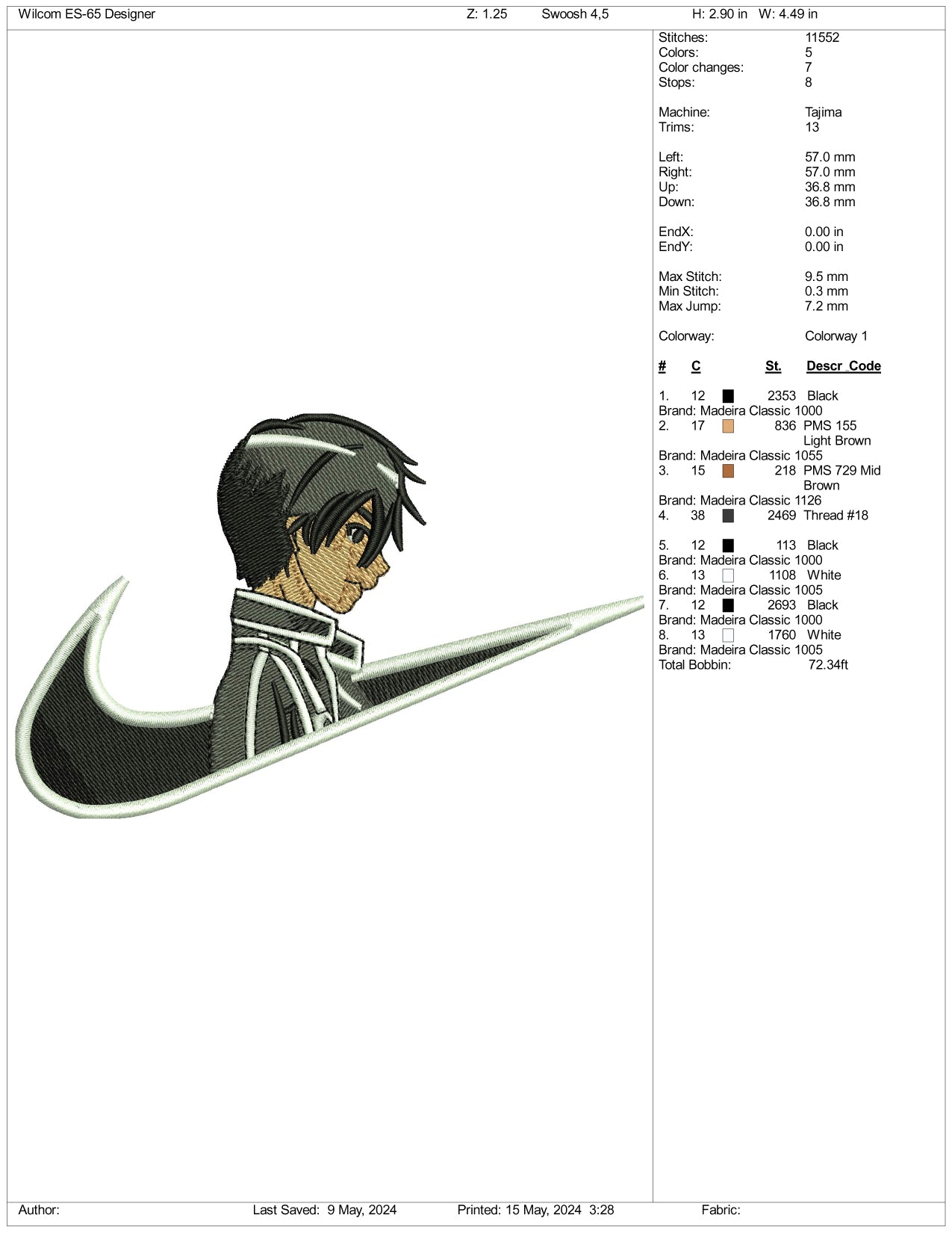 Kirito Swoosh Embroidery Design Files - 3 Sizes