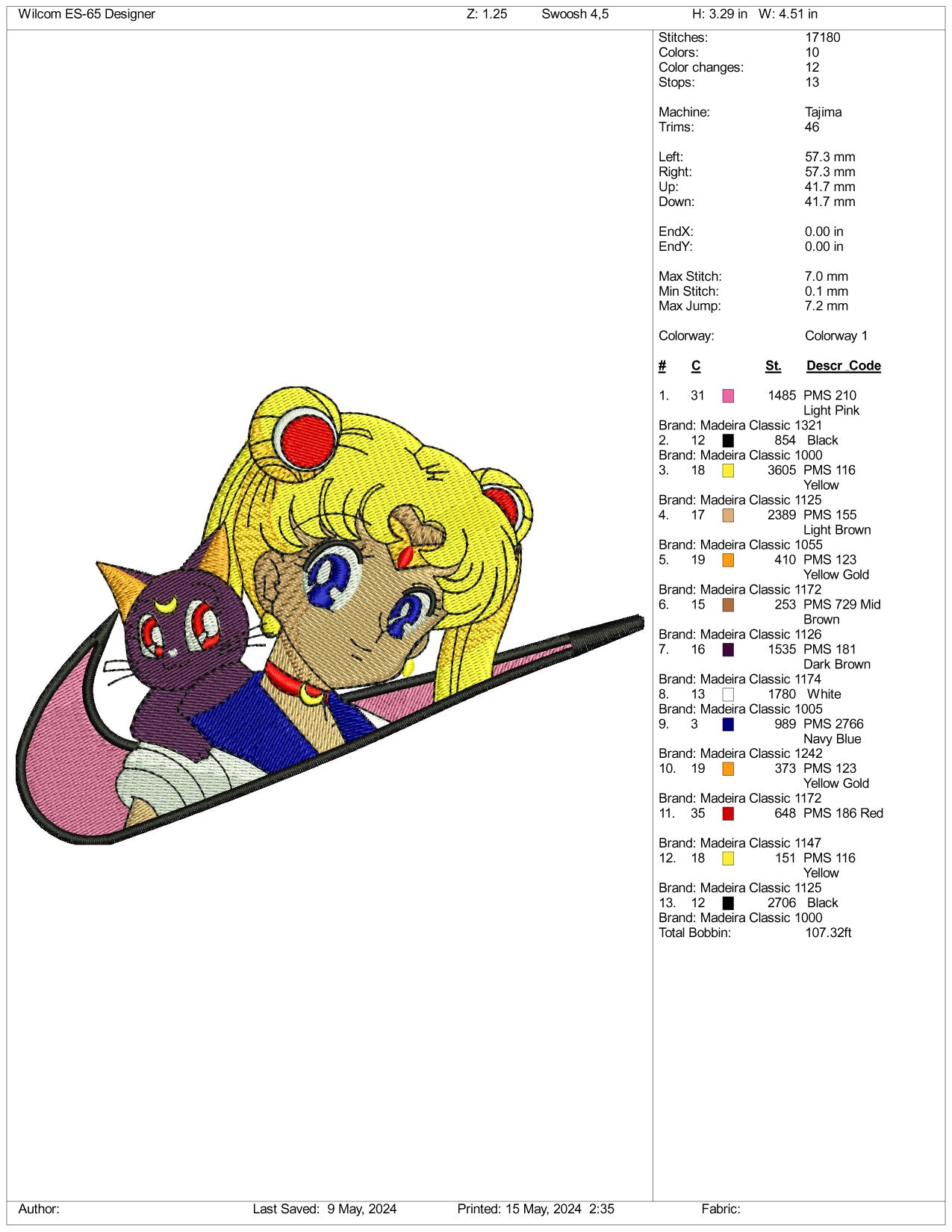 Sailor Moon Swoosh Embroidery Design Files - 3 Sizes