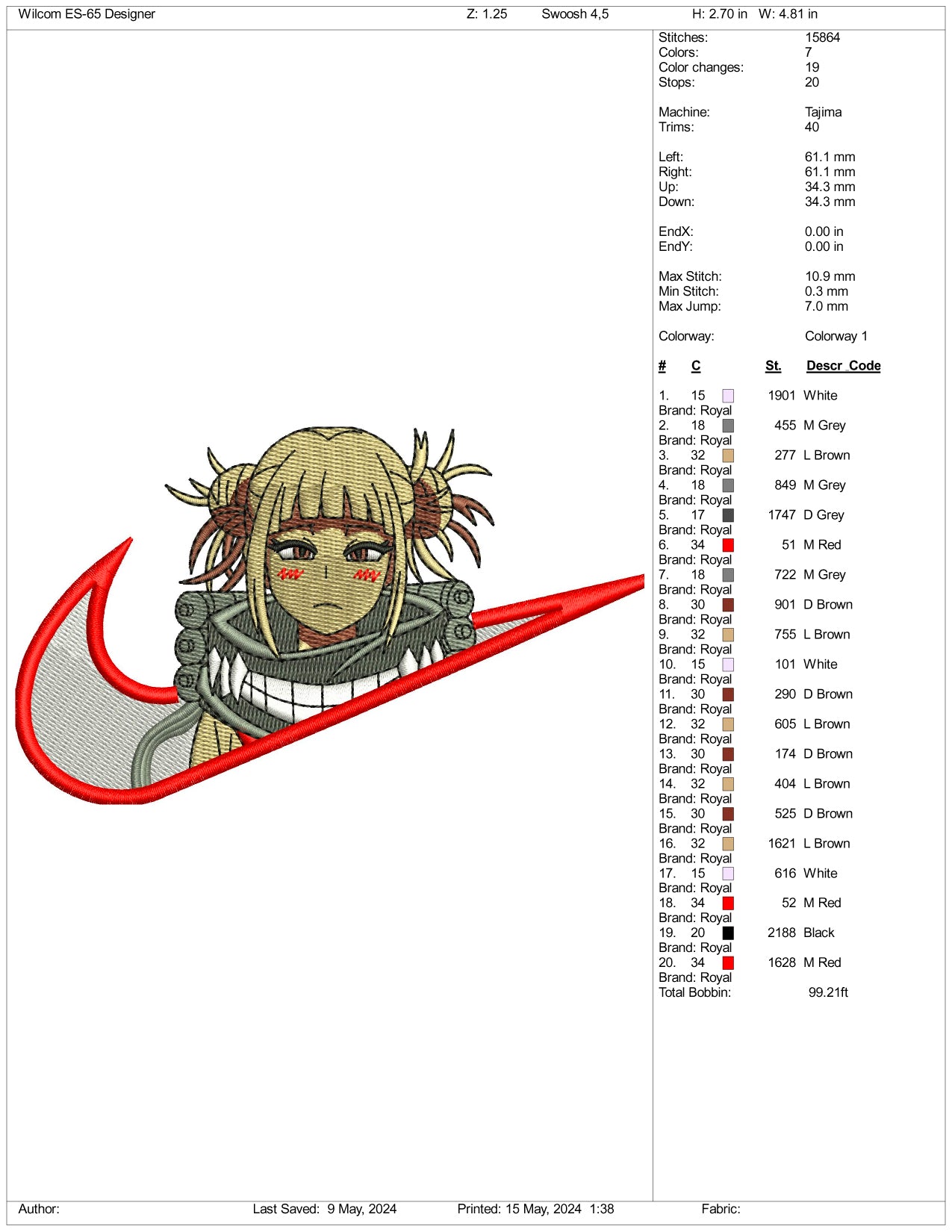 Himiko Toga Swoosh Embroidery Design Files - 3 Sizes