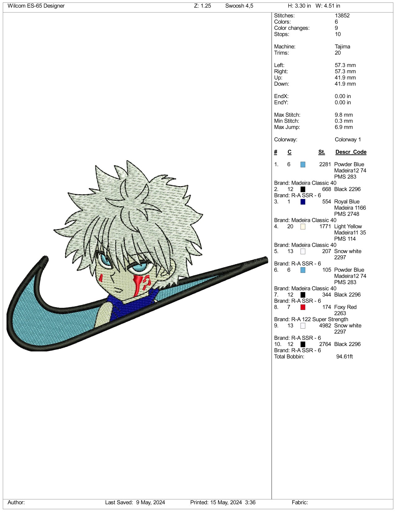 Killua Zoldyck Swoosh v1 Embroidery Design Files - 3 Sizes