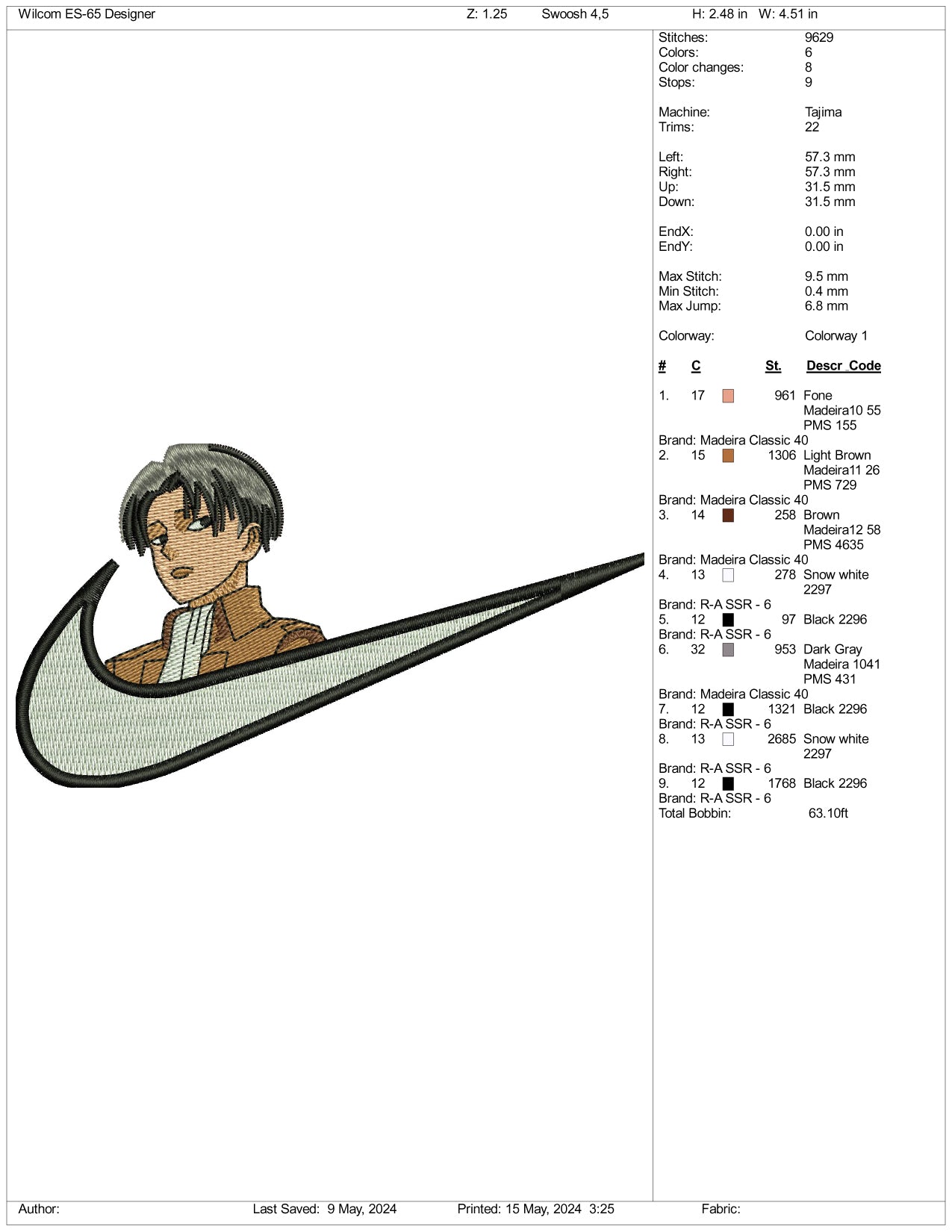 Levi Ackerman Swoosh Embroidery Design Files - 3 Sizes