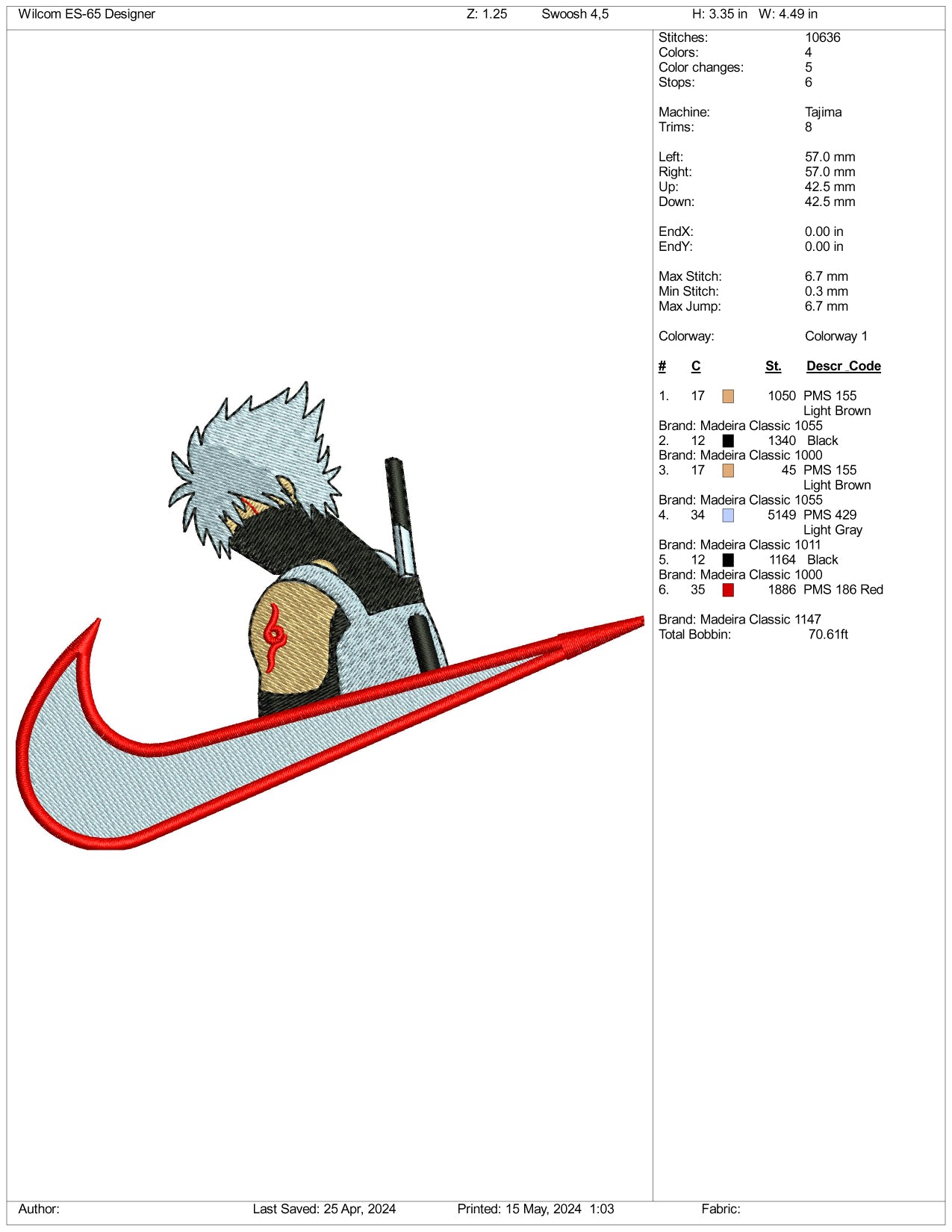 Kakashi Hatake Swoosh Embroidery Design Files - 3 Sizes