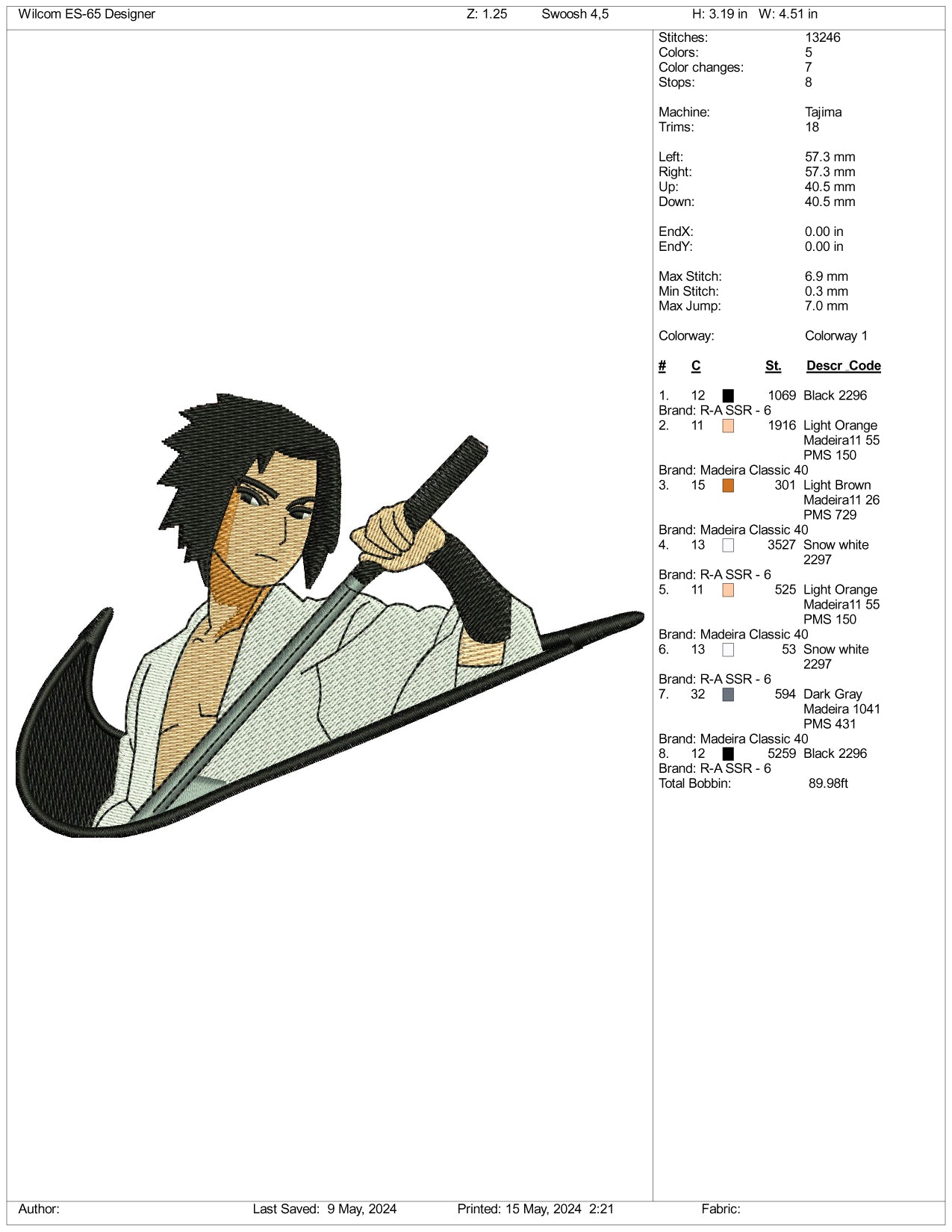 Sasuke Uchiha Swoosh Embroidery Design Files - 3 Sizes