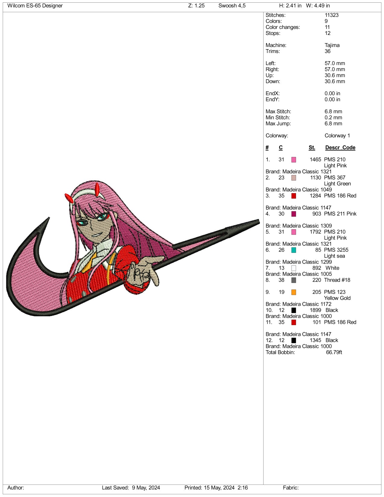 Zero Two Swoosh  Embroidery Design Files - 3 Sizes