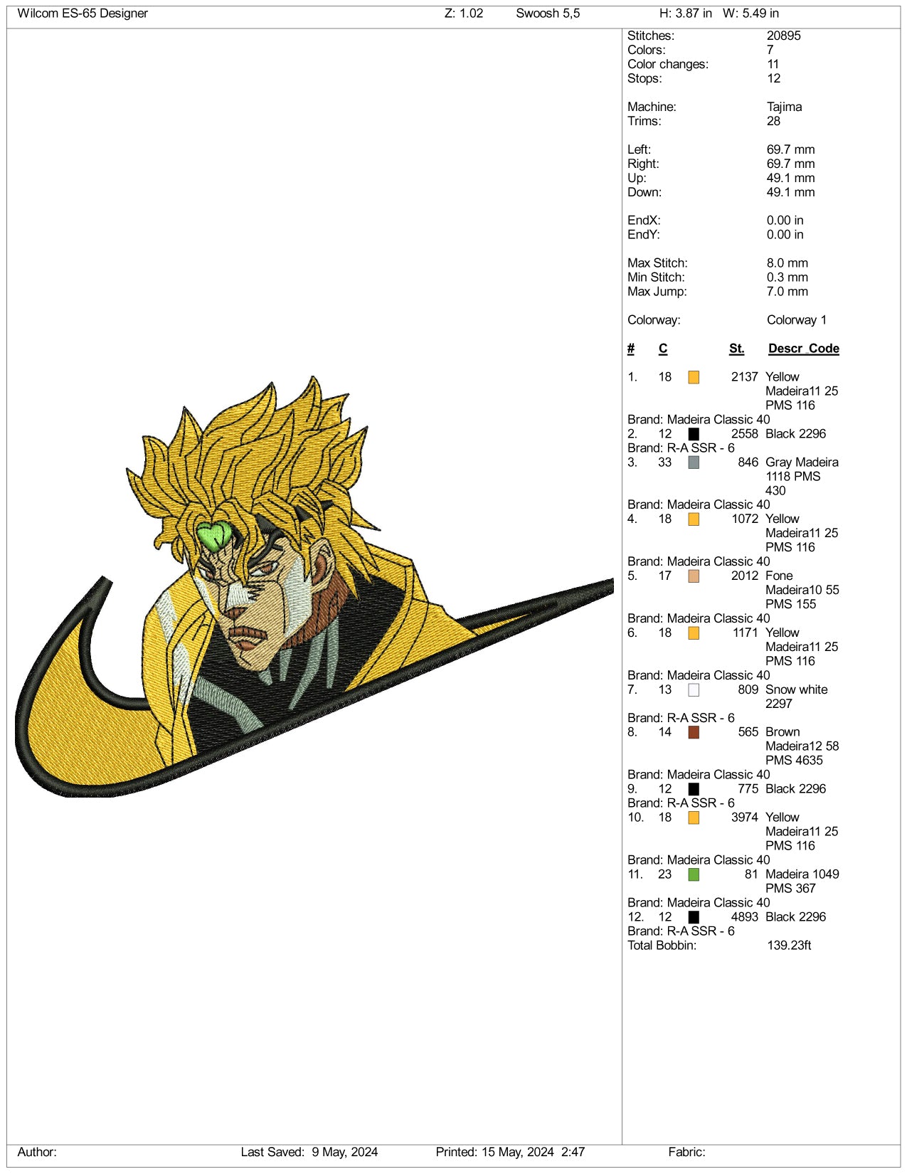 Dio Brando Swoosh Embroidery Design Files - 3 Sizes