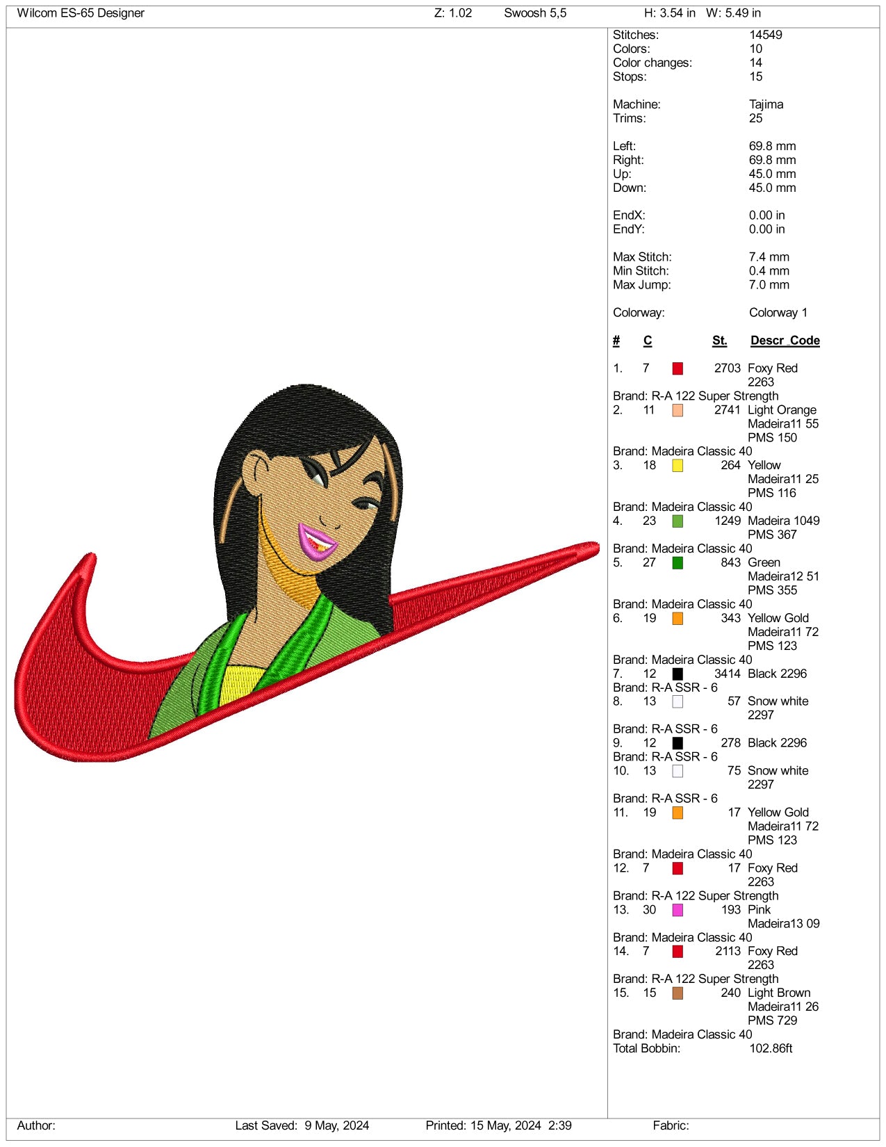 Mulan Swoosh Embroidery Design Files - 3 Sizes