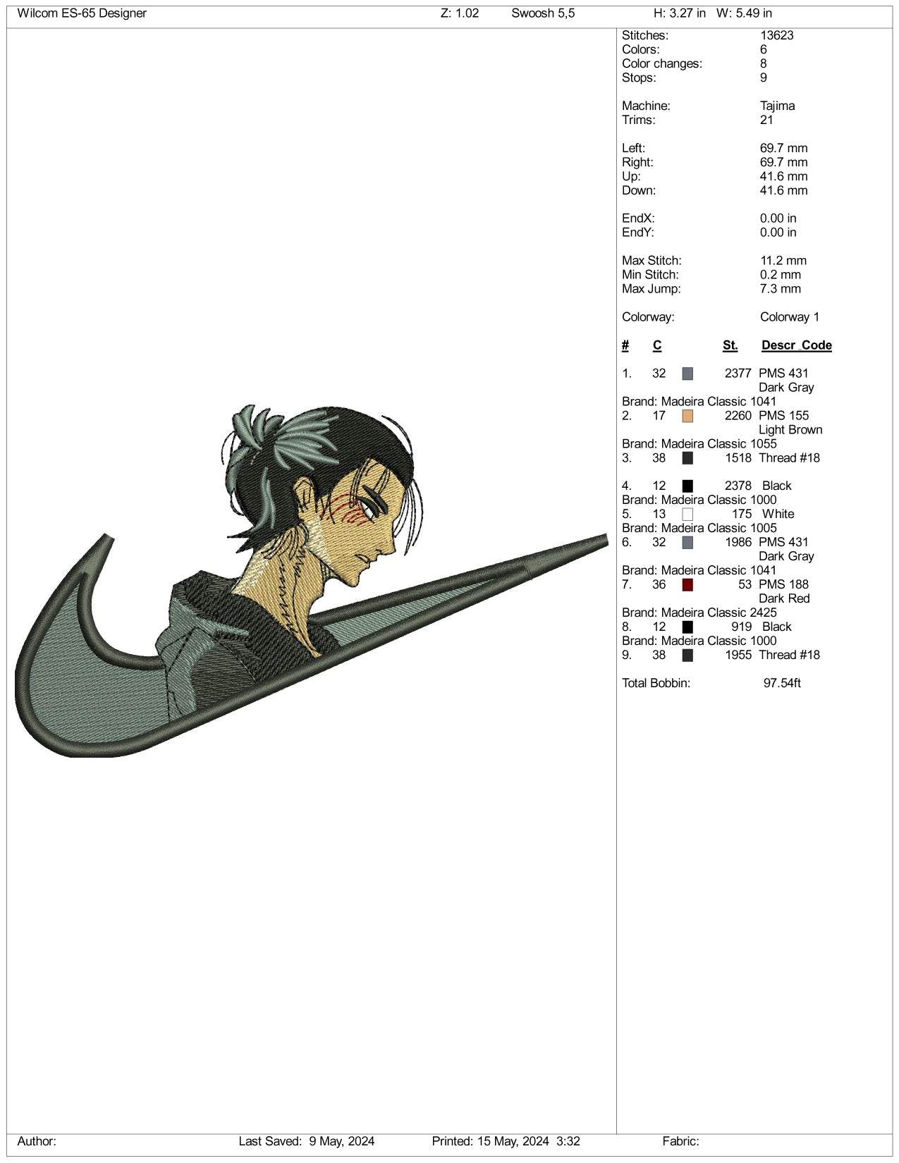 Eren Yeager Swoosh Embroidery Design Files - 3 Sizes