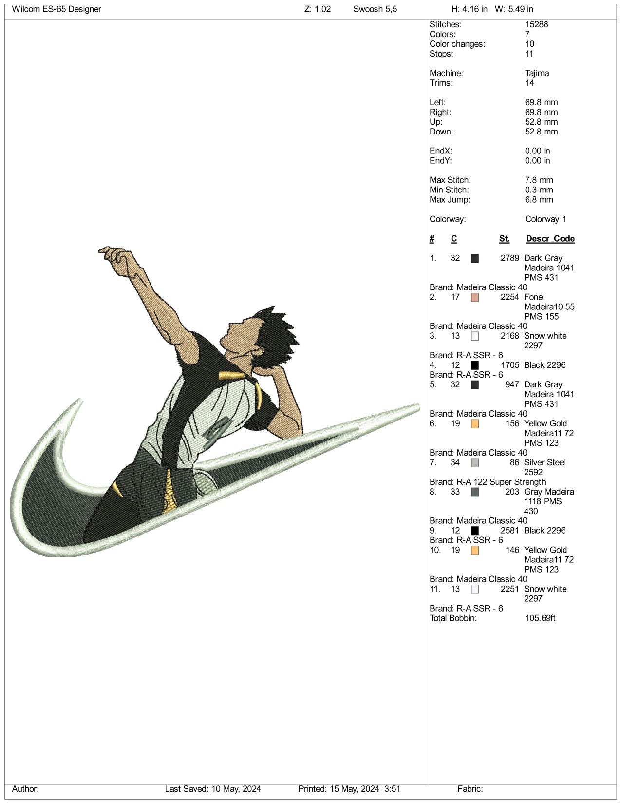 Koutarou Bokuto Swoosh Embroidery Design Files - 3 Sizes