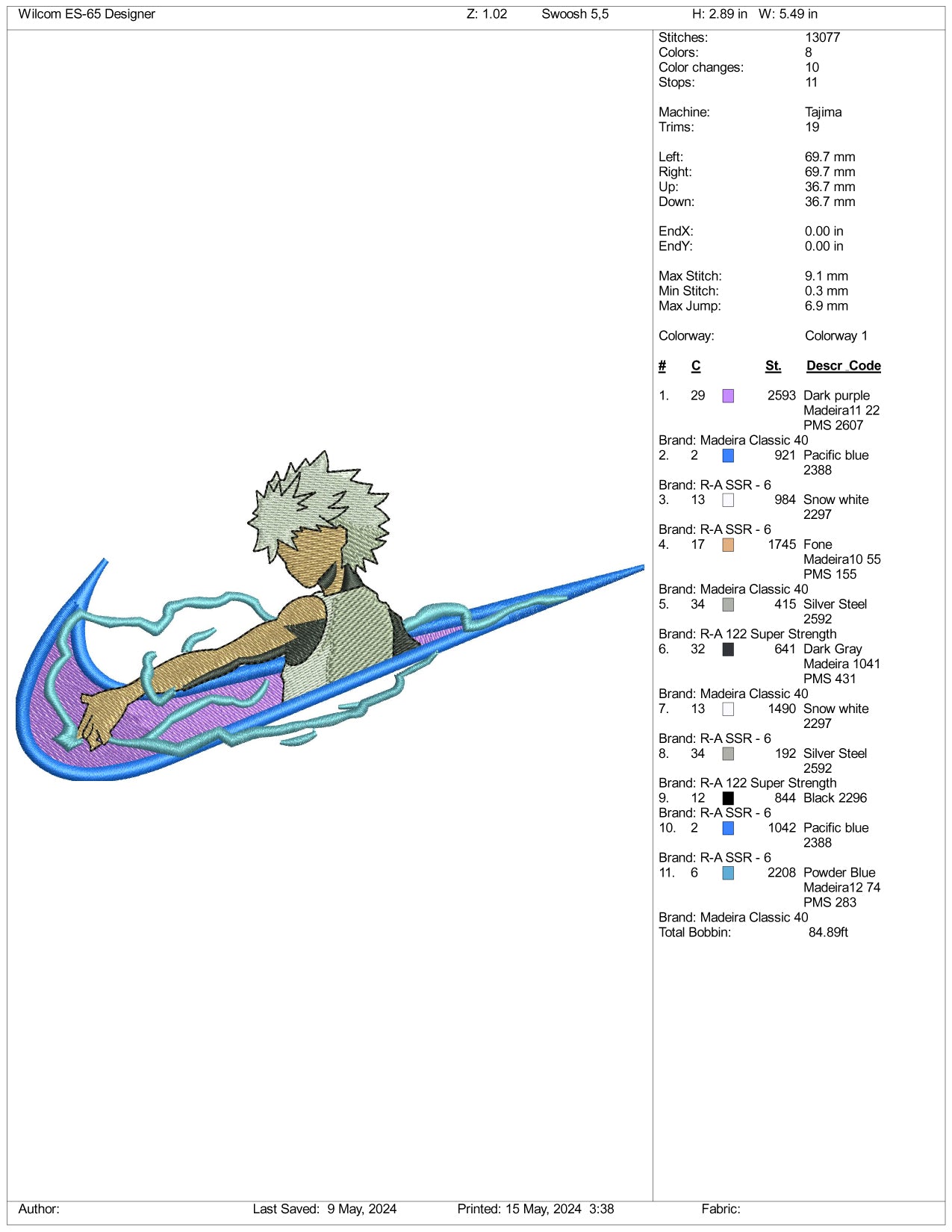 Killua Zoldyck Swoosh v2 Embroidery Design Files - 3 Sizes