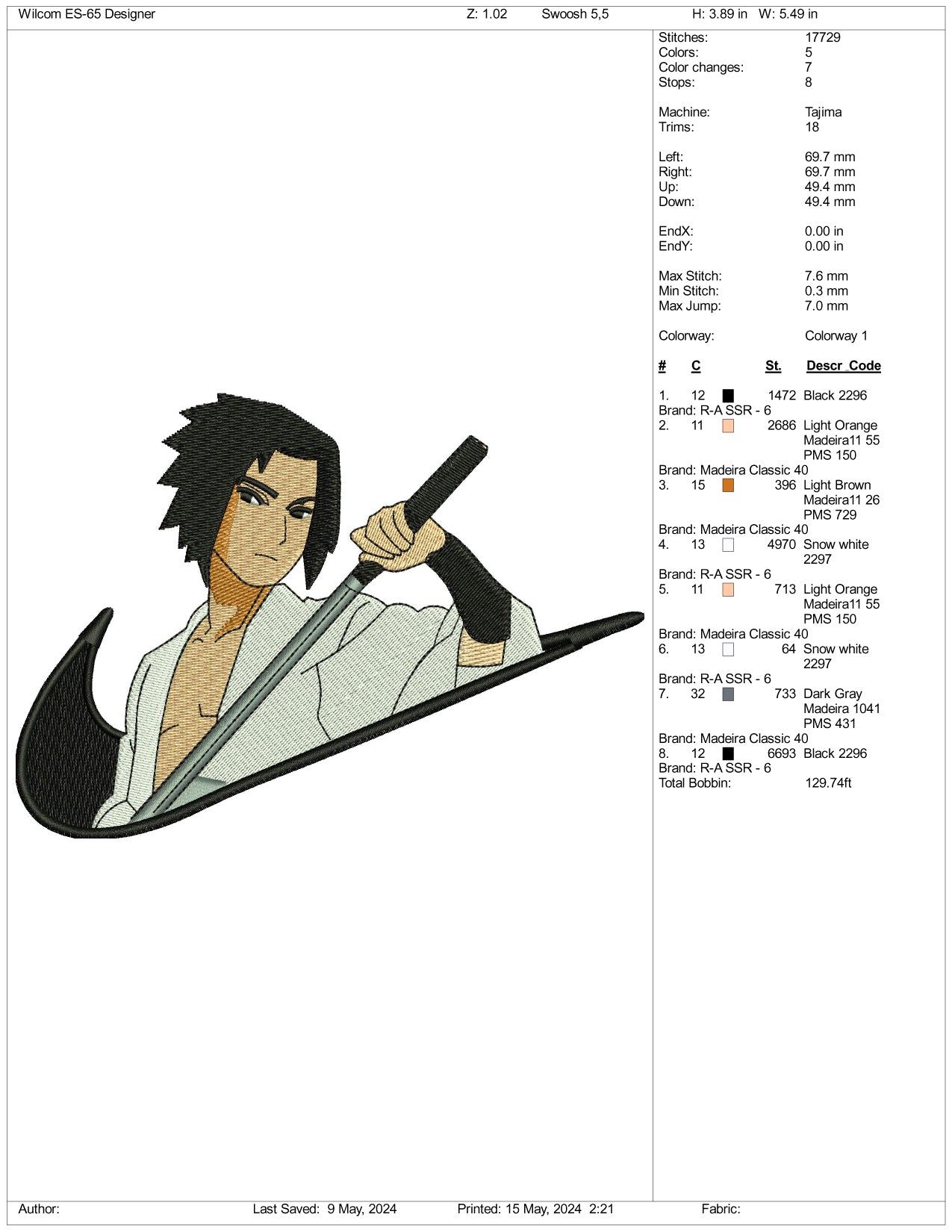 Sasuke Uchiha Swoosh Embroidery Design Files - 3 Sizes