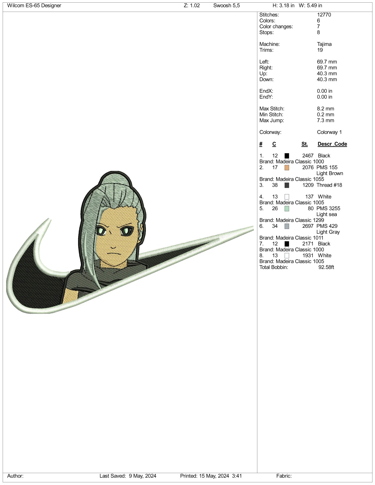 Ino Yamanaka Swoosh Embroidery Design Files - 3 Sizes