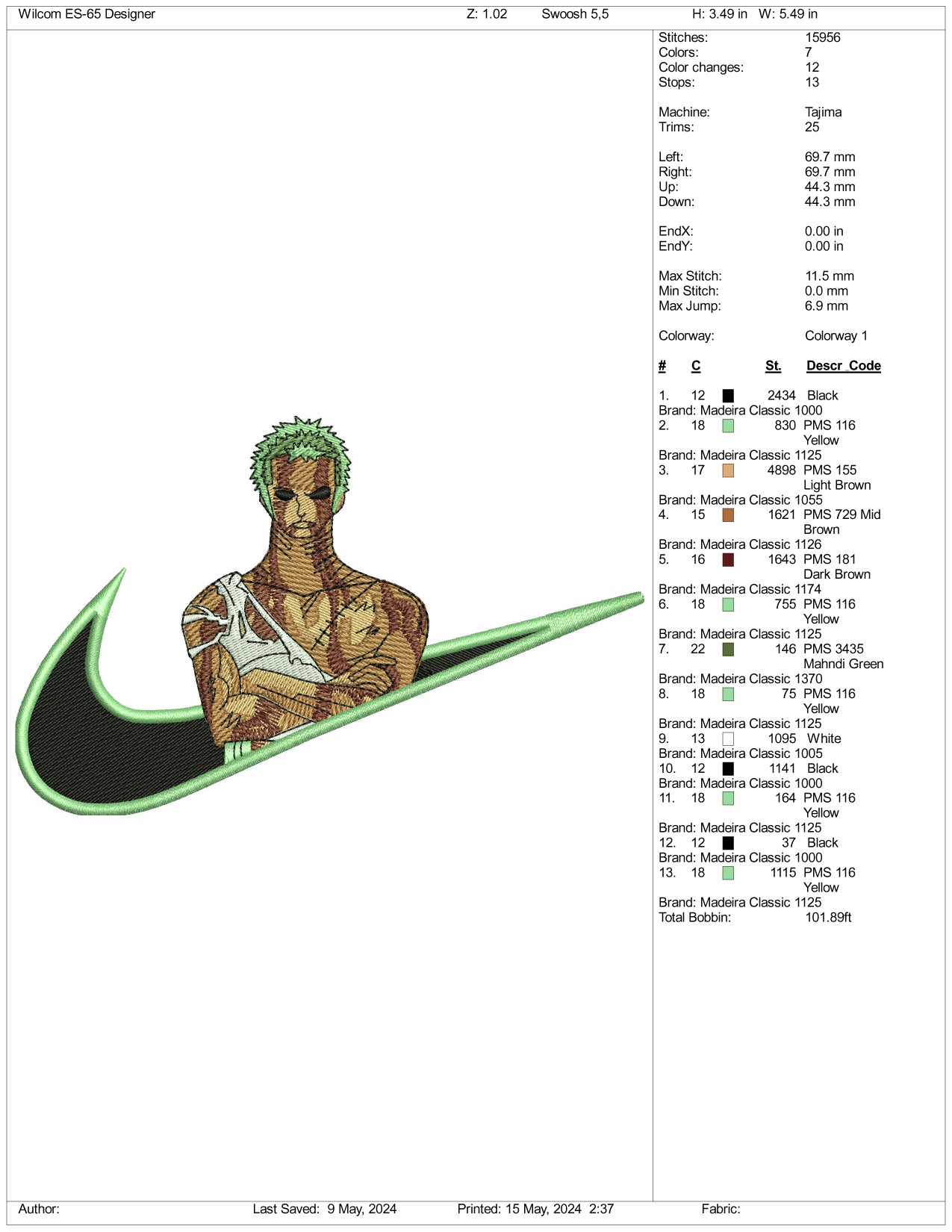 Roronoa Zoro Swoosh v1 Embroidery Design Files - 3 Sizes