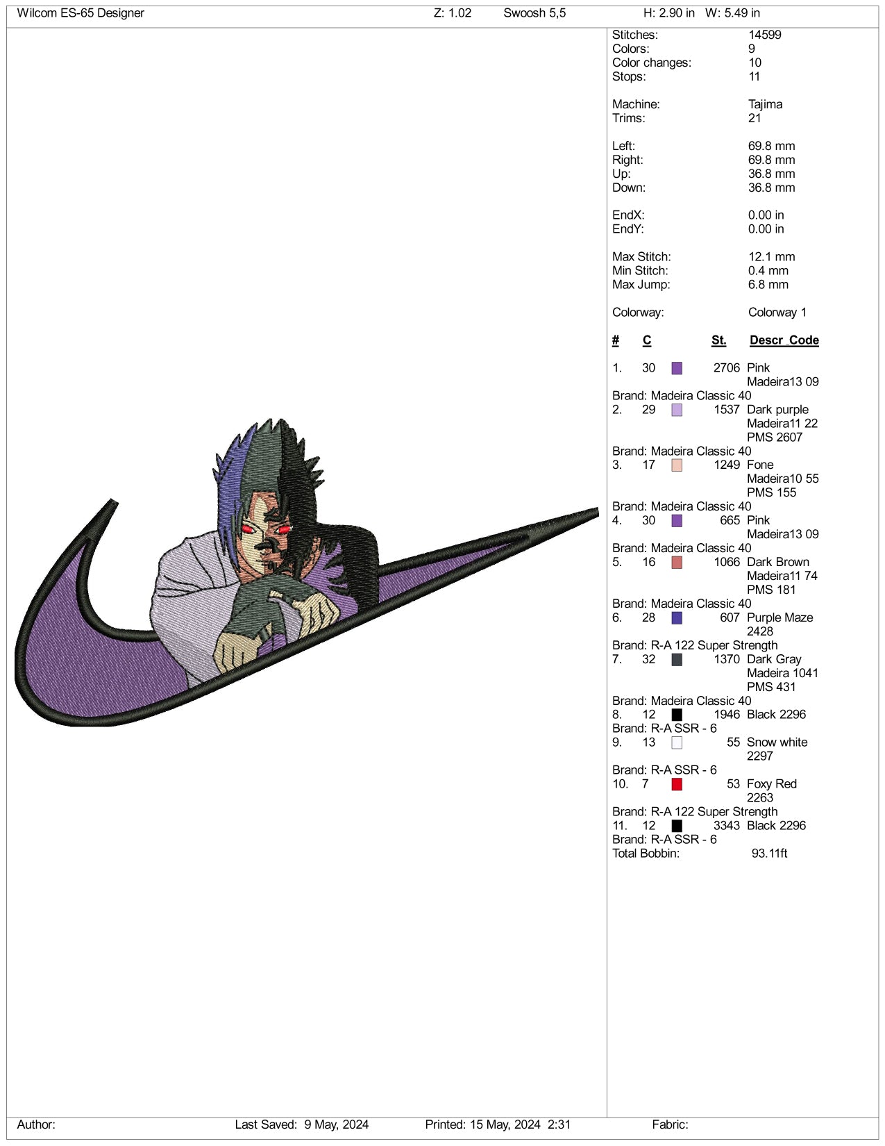 Sasuke Uchiha Swoosh v1 Embroidery Design Files - 3 Sizes