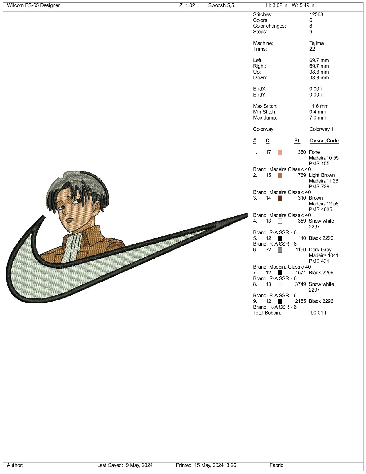 Levi Ackerman Swoosh Embroidery Design Files - 3 Sizes