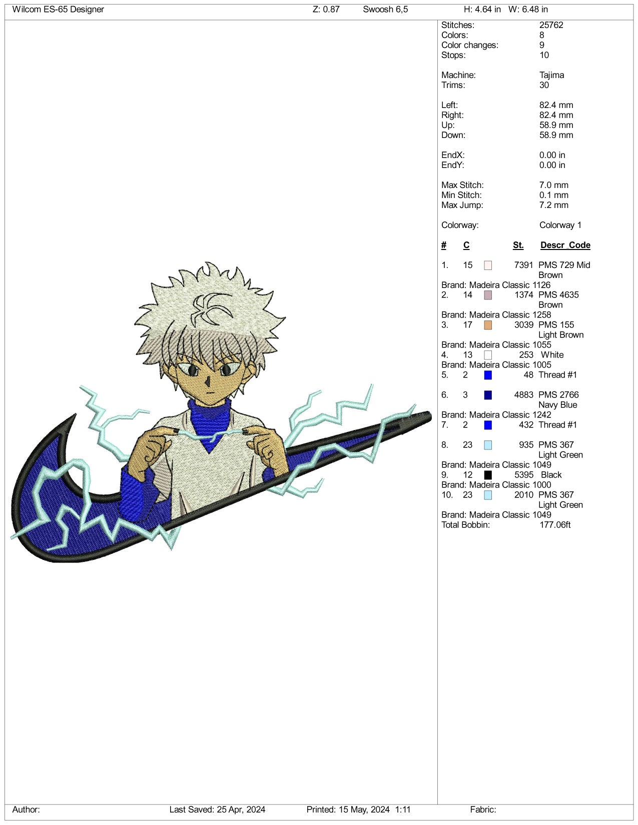 Killua Zoldyck Swoosh Embroidery Design Files - 3 Sizes