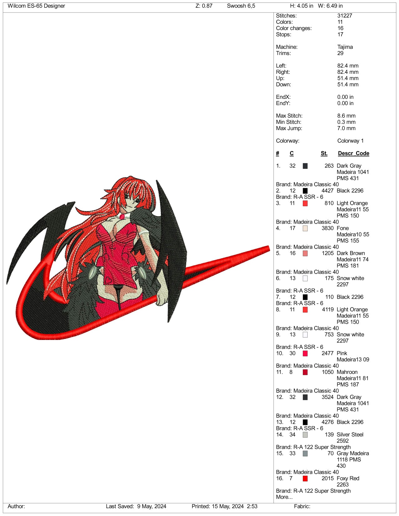 Rias Gremory Swoosh Embroidery Design Files - 3 Sizes