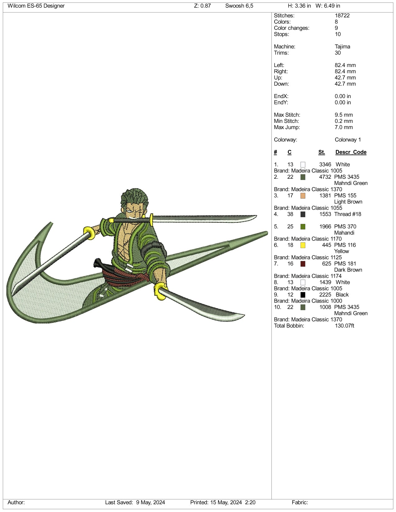 Roronoa Zoro Swoosh Embroidery Design Files - 3 Sizes