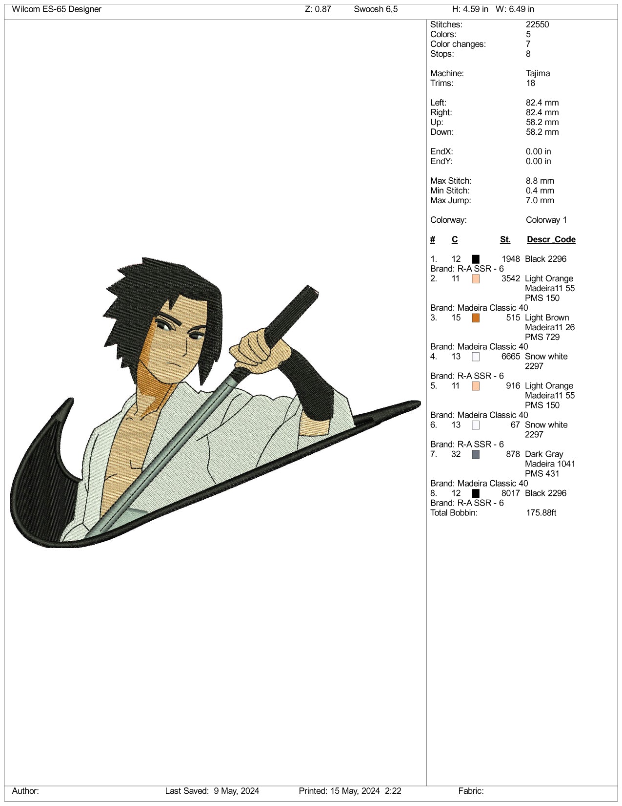 Sasuke Uchiha Swoosh Embroidery Design Files - 3 Sizes