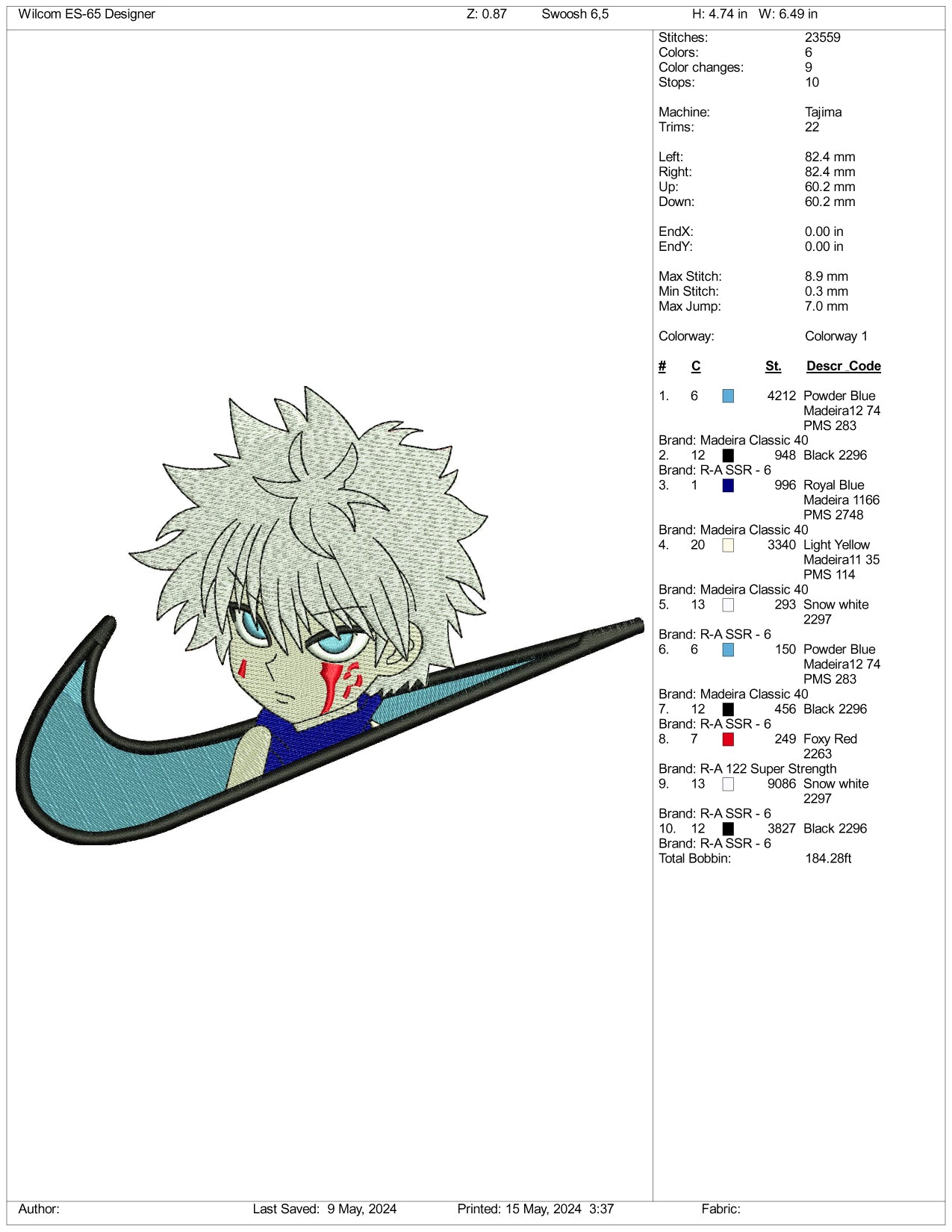 Killua Zoldyck Swoosh v1 Embroidery Design Files - 3 Sizes