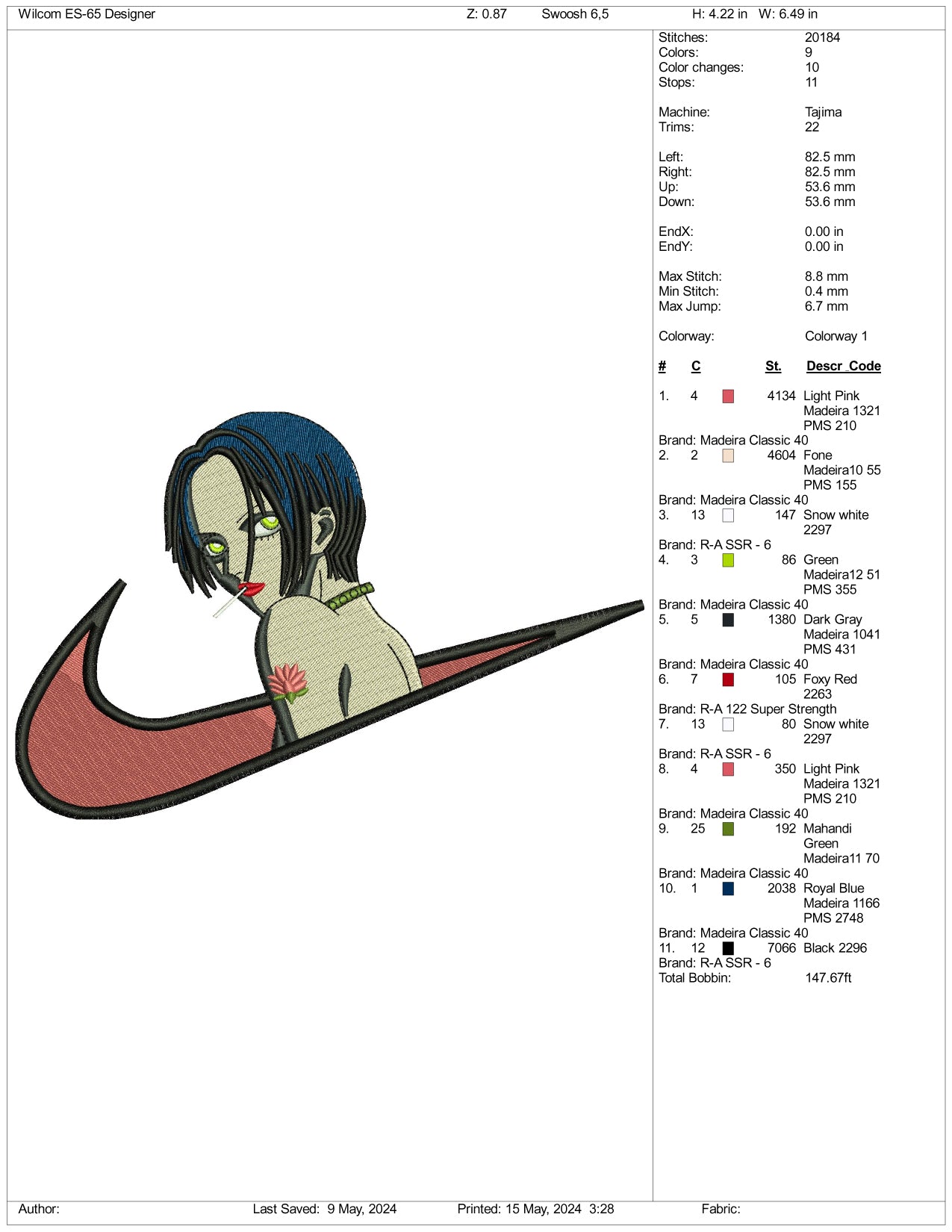 Nana Osaki Swoosh Embroidery Design Files - 3 Sizes