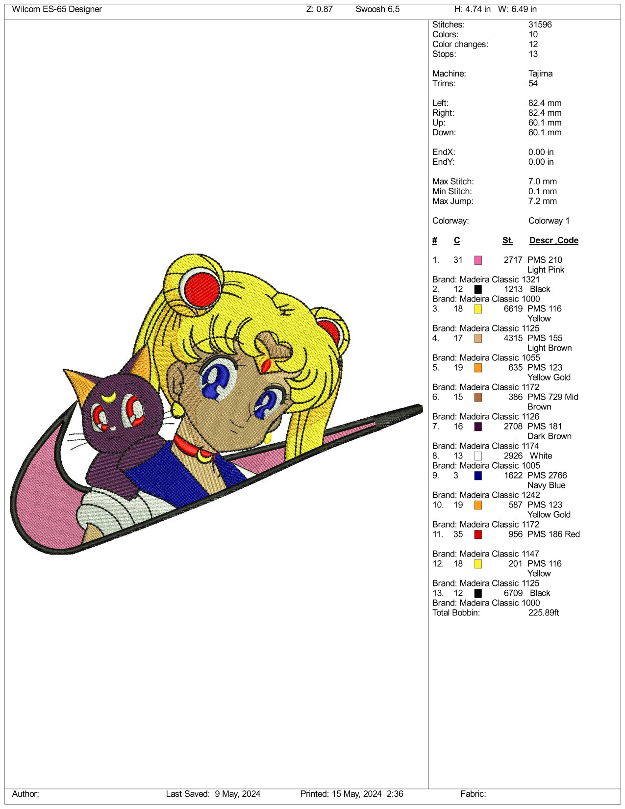 Sailor Moon Swoosh Embroidery Design Files - 3 Sizes