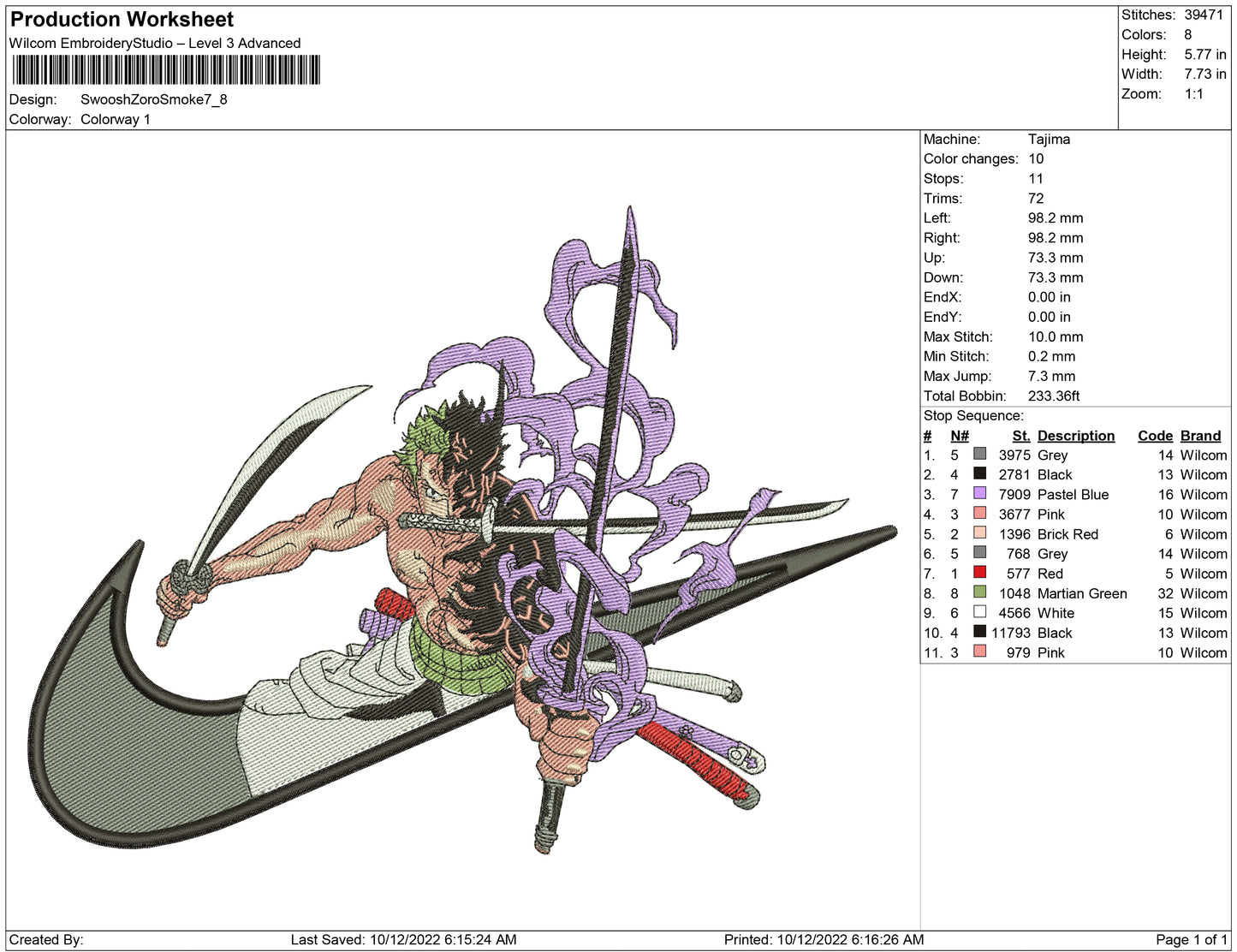 Roronoa Zoro Swoosh v6 Embroidery Design Files - 4 Size's