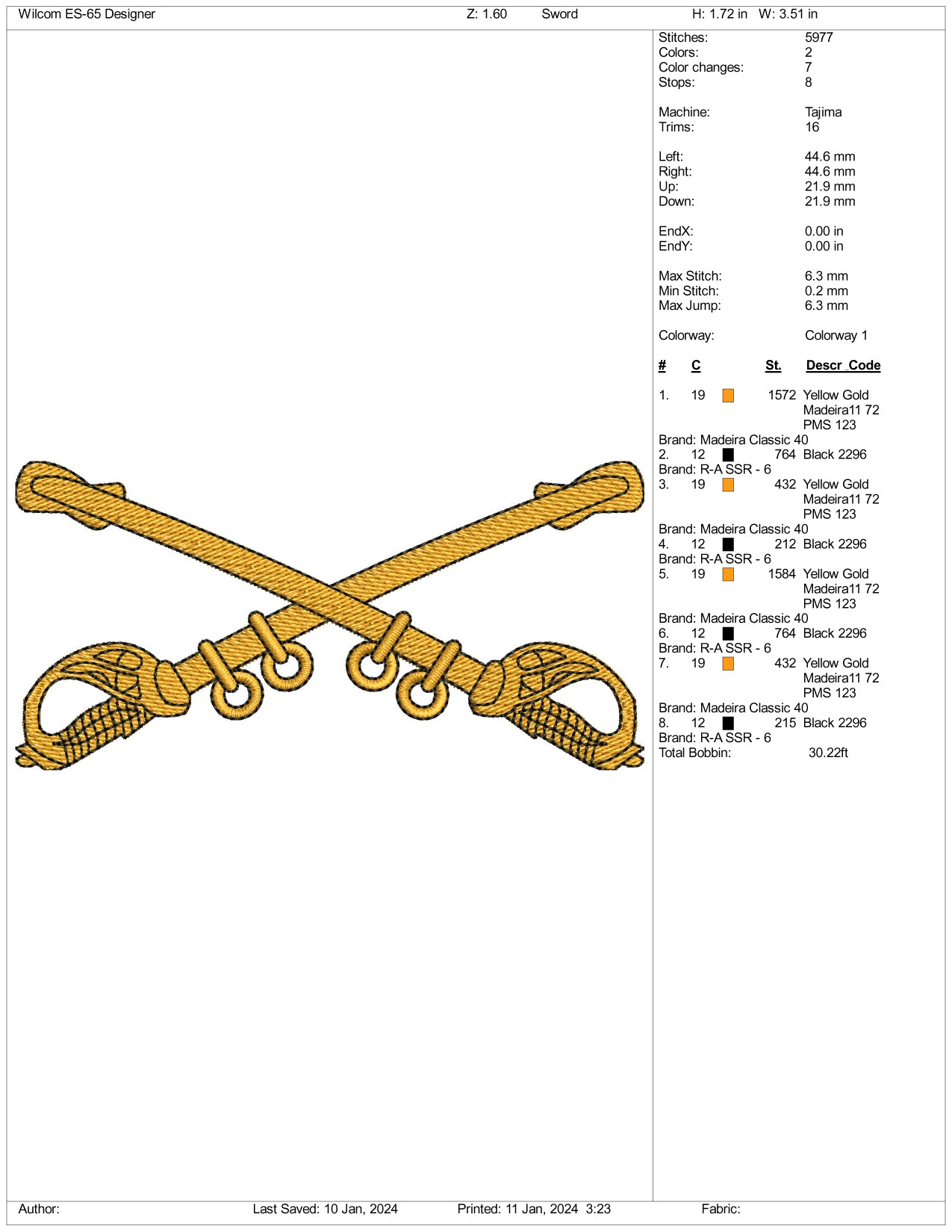 Cross Swords Embroidery Design Files - 3 Size's